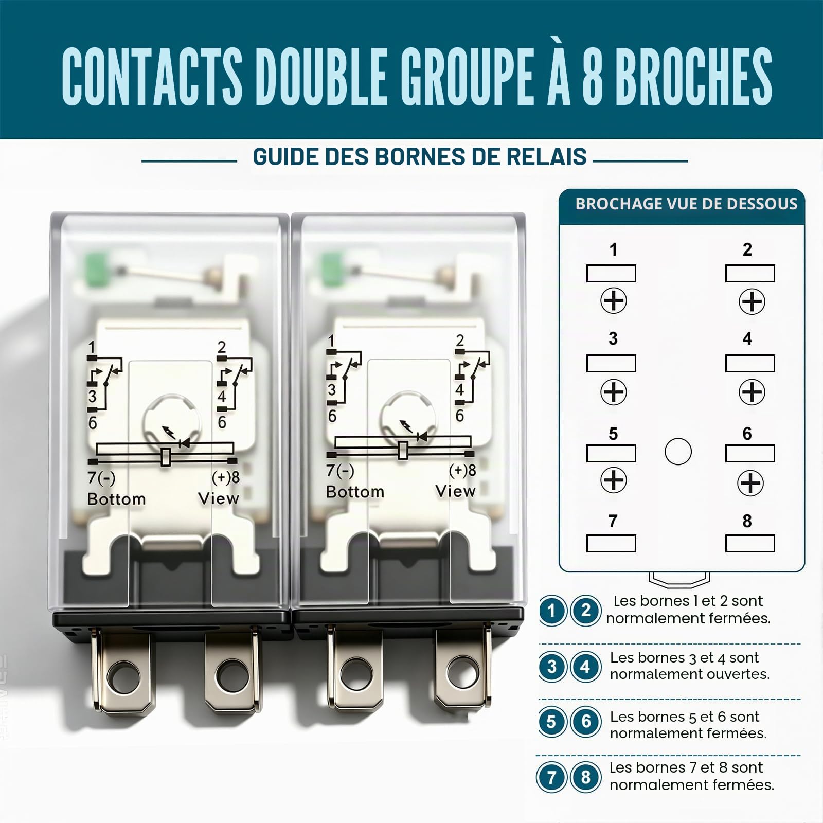 mxuteuk Lot de 2 relais de puissance de bobine JQX-13FL DC 12 V 8 broches 10 A DPDT Affichage LED électromagnétique Inverseur avec base de haute qualité, avec rail DIN en aluminium fendu