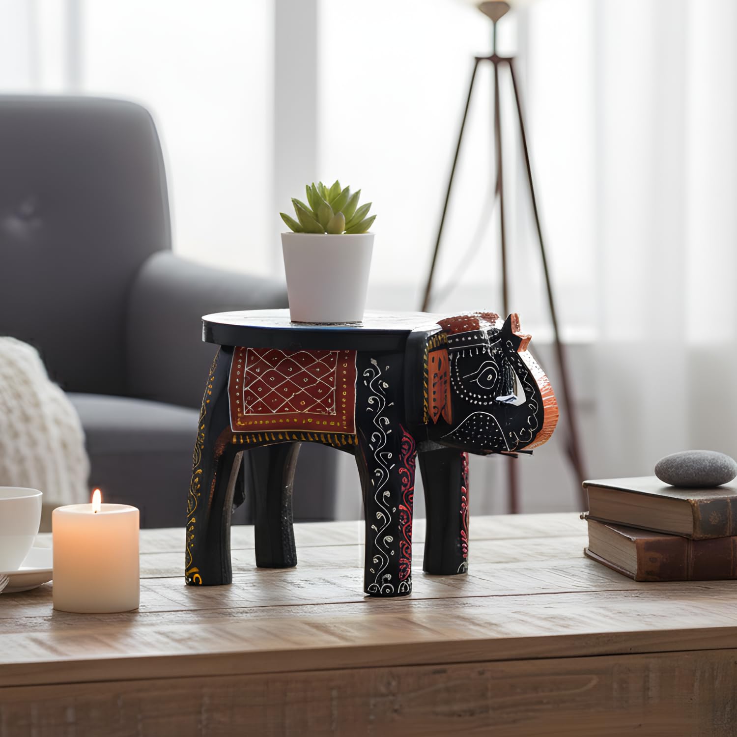 Handpainted Wooden Elephant Stool | 8 Inch Multicolour Decorative Mini Table | Quirky & Ethnic Art Piece for Home Decor | Small Accent Stool/Plant Stand-image-37