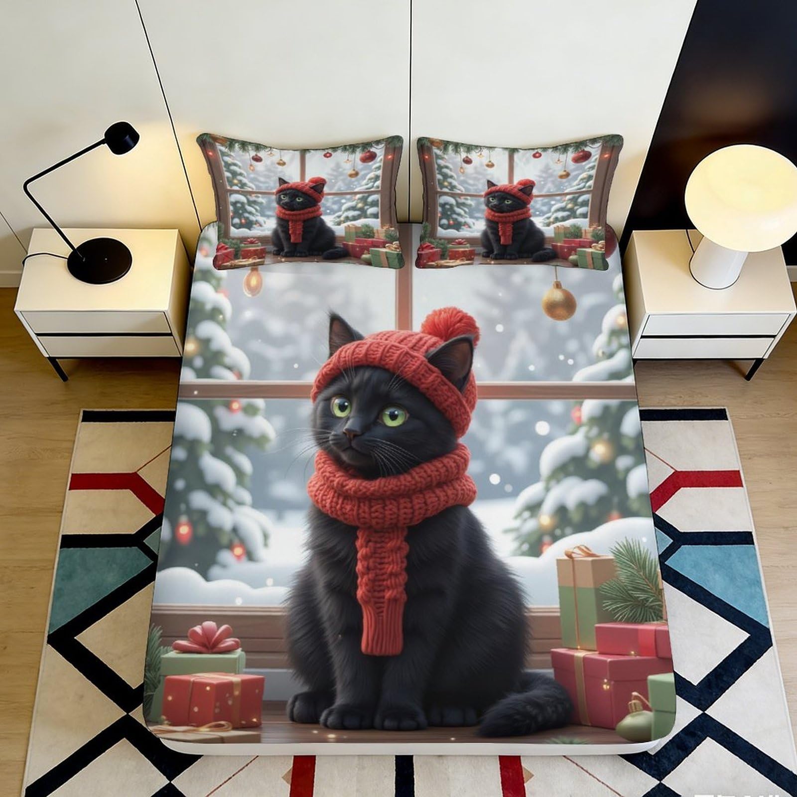 Jqzkxnhpbr Style-4 3D Printed Black Cat Christmas Fitted Sheet Microfiber Winter Hat Bed Cover For Bedroom Guest Room Decor 90X200x25cm