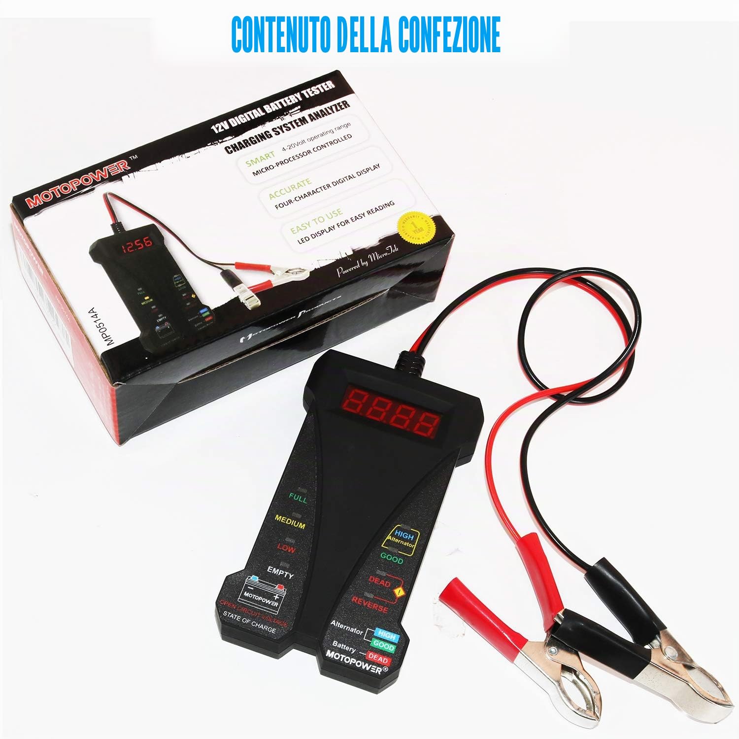 MOTOPOWER 12 V Tester digitale per batteria, analizzatore voltmetro, display LCD LED, Nero