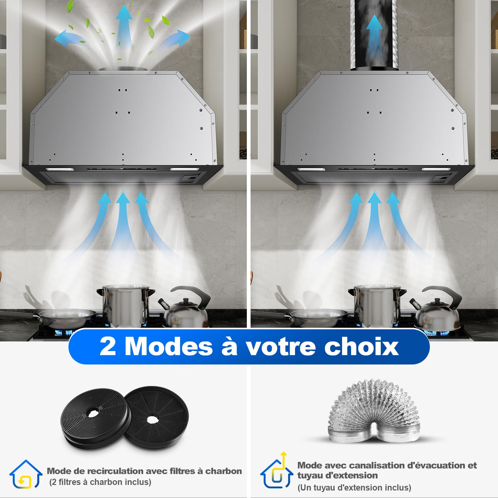 Hotte Aspirante 52cm Encastrable, 750m³/h, Hotte Encastrée, Commande Gestuelle & Tactile, 3 Vitesses & Fonction Booster, Éclairage LED, Filtre Charbon et Conduit Inclus, Évacuation/Recyclage