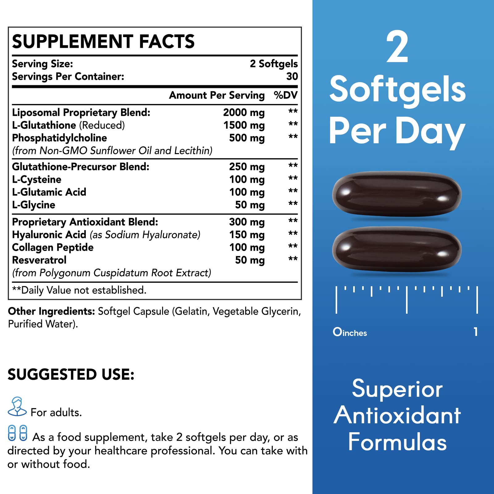 Liposomal Glutatión Reducido 2000 mg por porción | Suplemento de Glutatión con ácido Hialurónico + Péptido de Colágeno + Resveratrol para un Poderoso Antioxidante