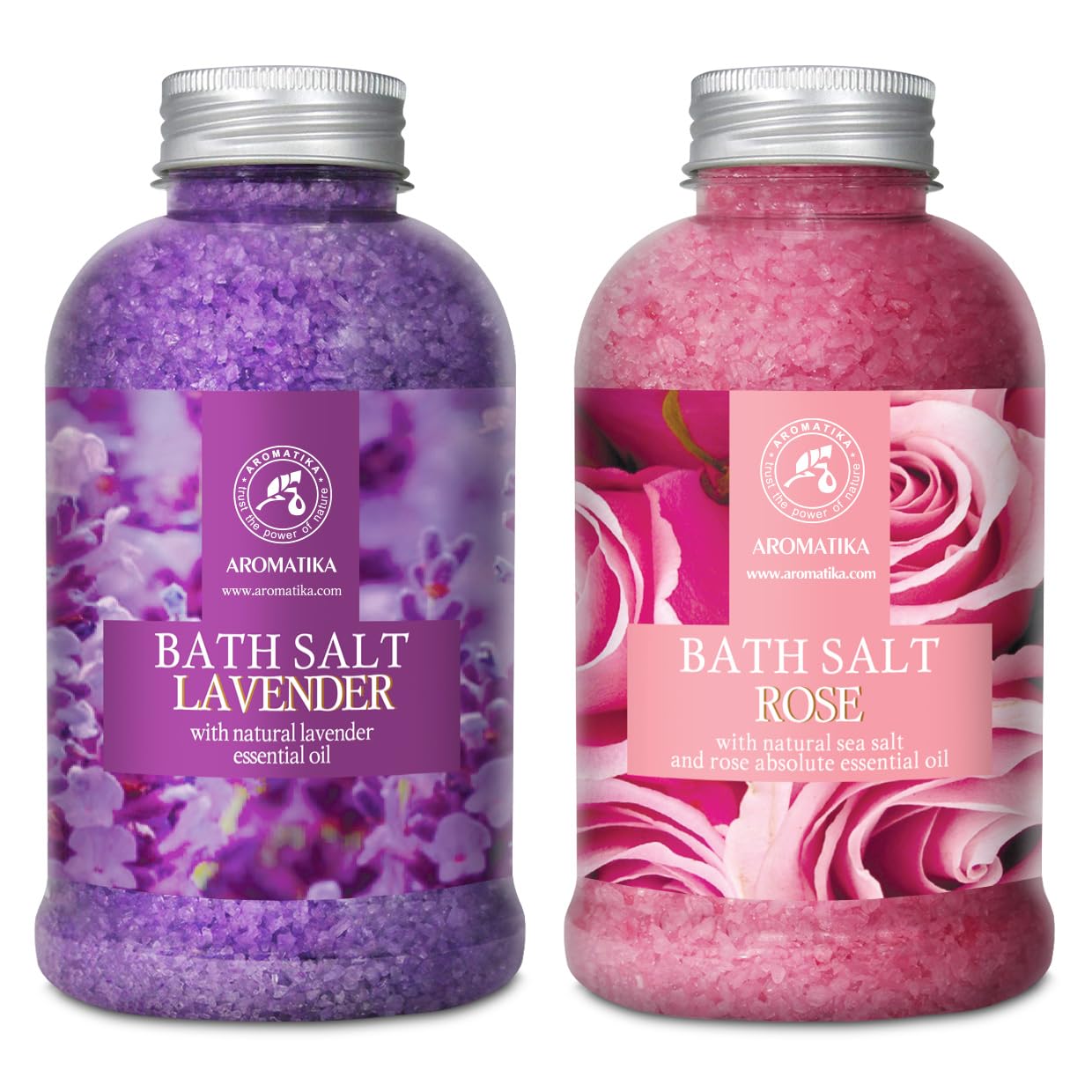 Sales Marinas de Baño Set Lavanda & Rosa 2х600g - Sal Marina con Aceite esencial de Lavanda - Aceite Esencial Absoluto de Rosa - Cuidado Corporal - Baños de Relajación - Aromaterapia