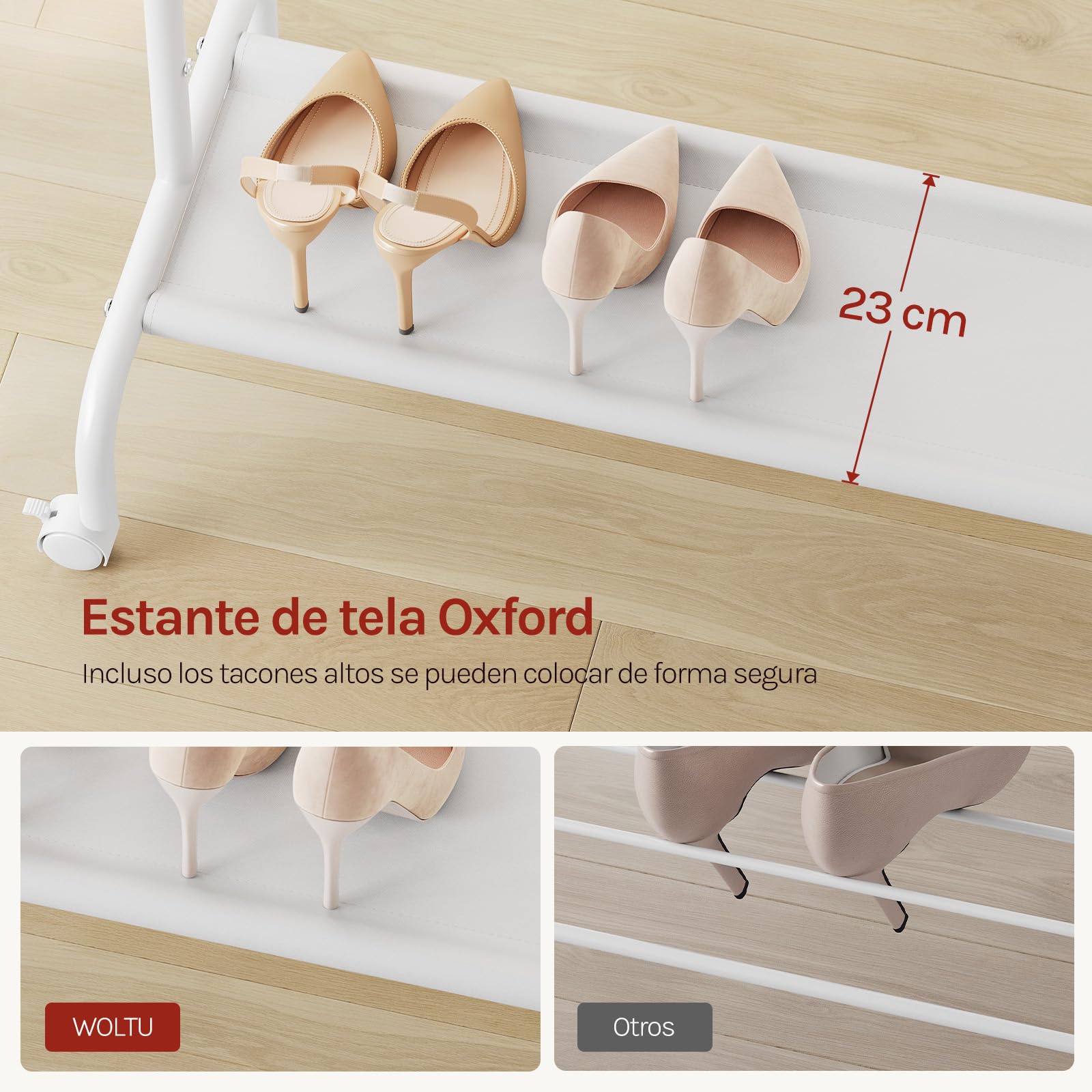 WOLTU Perchero Burro Ropa, Perchero de Pie con Ruedas, Barra Extansible y Estente de Almacenaje de Tela Oxford, Metal, Capacidad 70 kg, (84-124) x40x156 cm, para Dormitorio y Entrada, Blanco