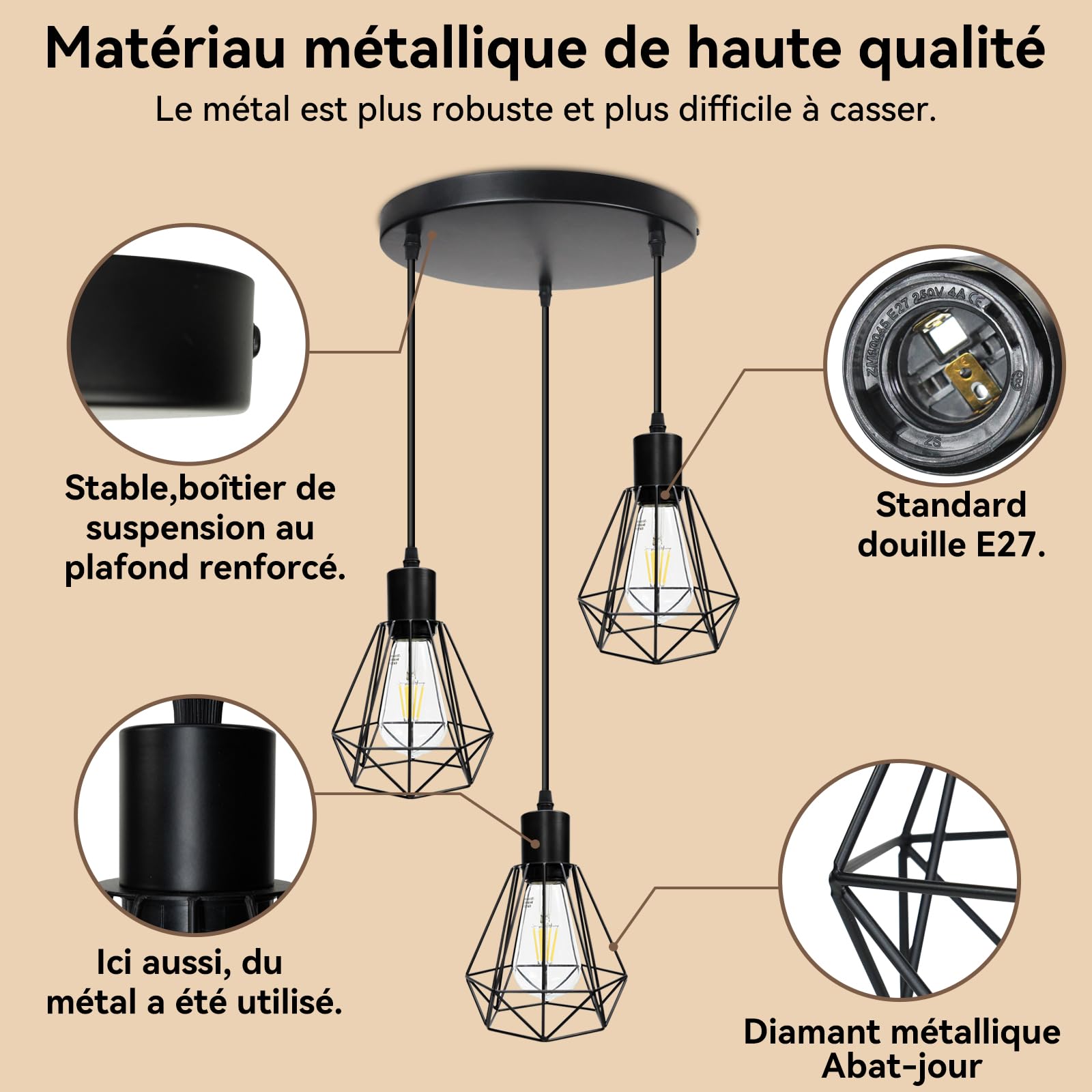 HiBay Suspension luminaire,Luminaire Industrielle Plafonnier 3 Lampes E27 Plafonnier Luminaire Design Métal Cage pour Restaurant Salon Chambre Cuisine Bar Couloir (sans ampoule)