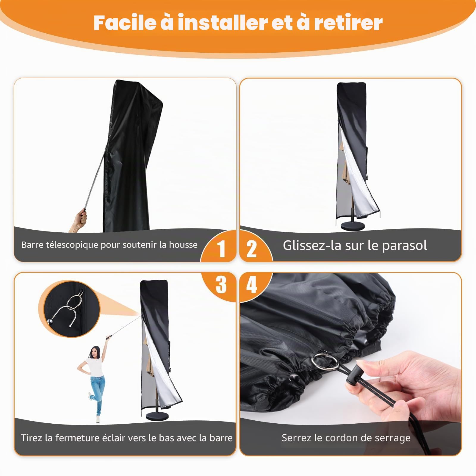 Housse de protection imperméable pour parasol déporté de 200 cm/330 cm, pour parasol double de 450 cm, housse de parasol 420D avec tige, fermeture éclair, aération supérieure (230 x 52 x 62 cm)
