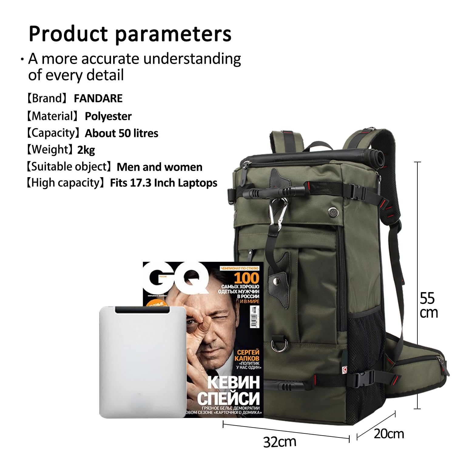 FANDARE Bergsteigen Rucksack Daypacks für 17 Zoll Laptop Wanderrucksäcke Fahrradrucksäcke für Herren Damen Arbeit Reisen Outdoor Camping Hohe Kapazität Wasserdicht Polyester Grün