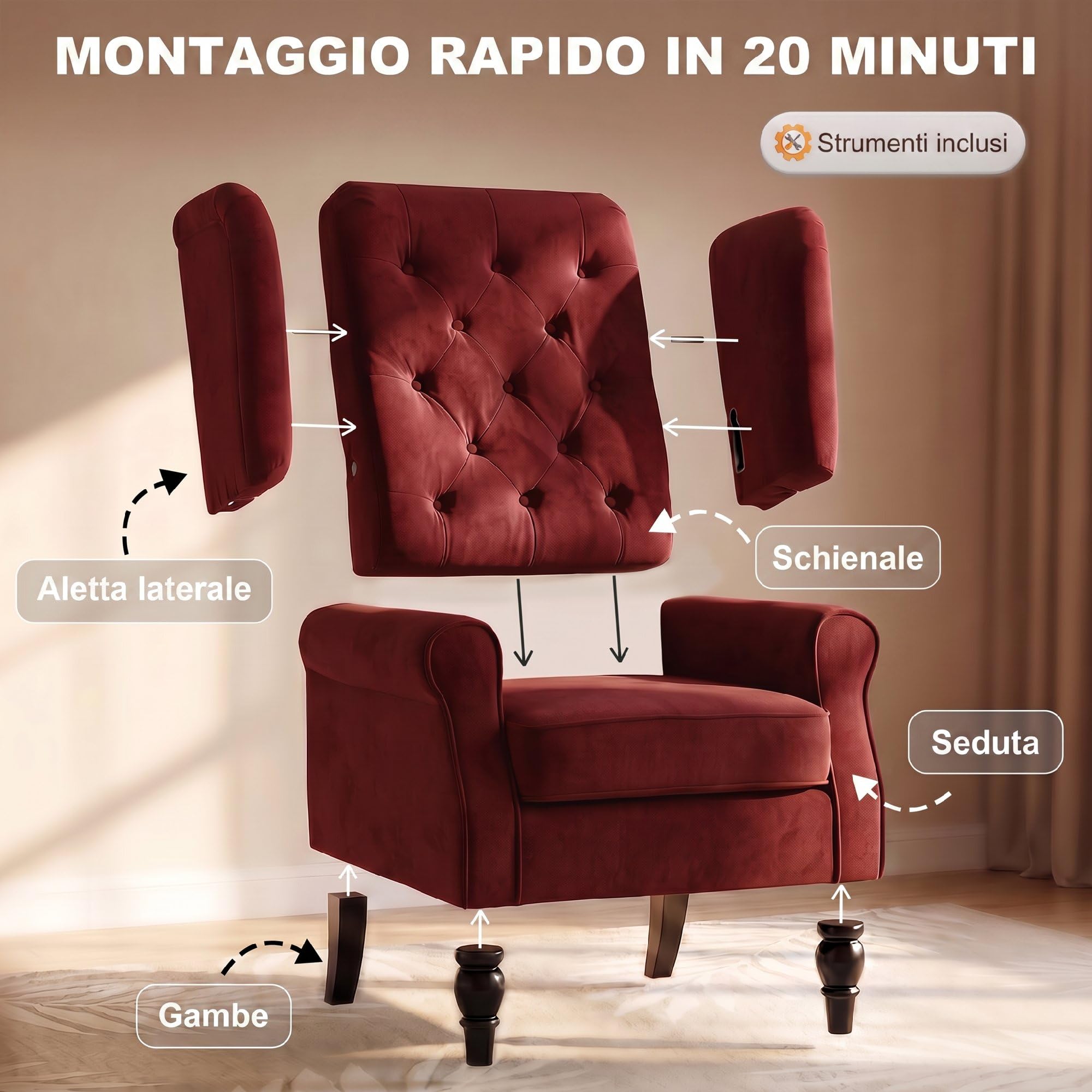HOMCOM Poltrona Camera da Letto in Stile Francese, in Velluto, Rosso Vino