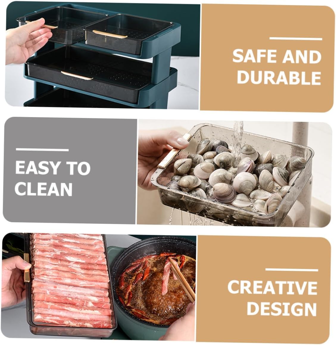 Multi-Layer Kitchen Storage Rack 3-Tier Plastic Vegetable Holder with Drainage Tray Stackable Hot Pot Side Plate Organizer for Countertop Food Storage