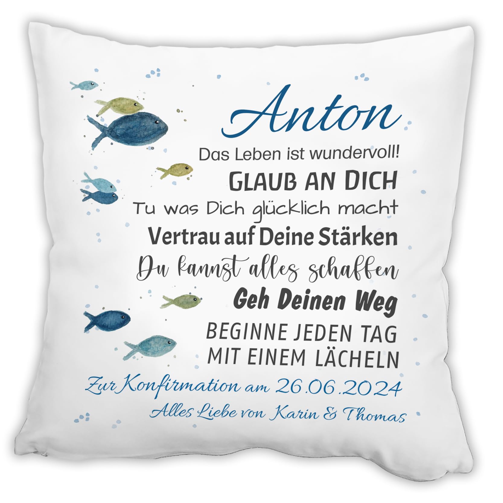 Unikatolo Kissen mit Name zur Konfirmation BLAU personalisiertes Geschenk für Kinder, Taufe Kommunion Firmung Geburtstag, Glaub an Dich, Kinderzimmerdeko Namenskissen - Positive Sprüche und Wünsche