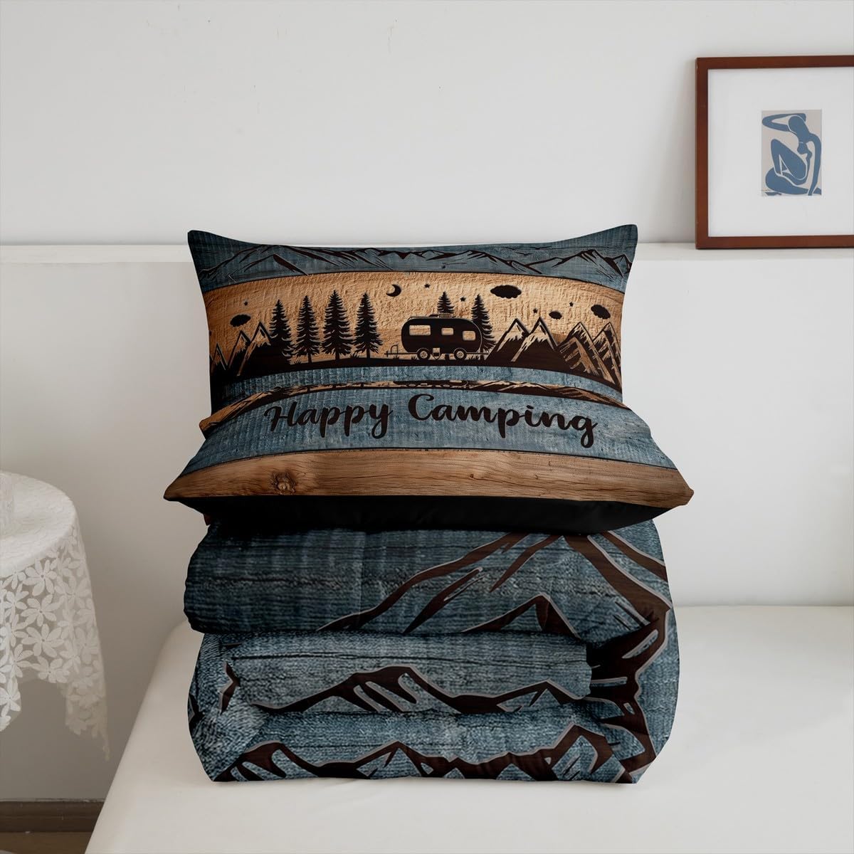 Happy Camping Comforter Set Queen Camper Quilt Bedding For Kids Adults,Rv Accessories Comforter For Travel Trailers Rustic Farmhouse Wooden Board Duvet Set Mountain Pine Trees Decor,2 Pillow Cases