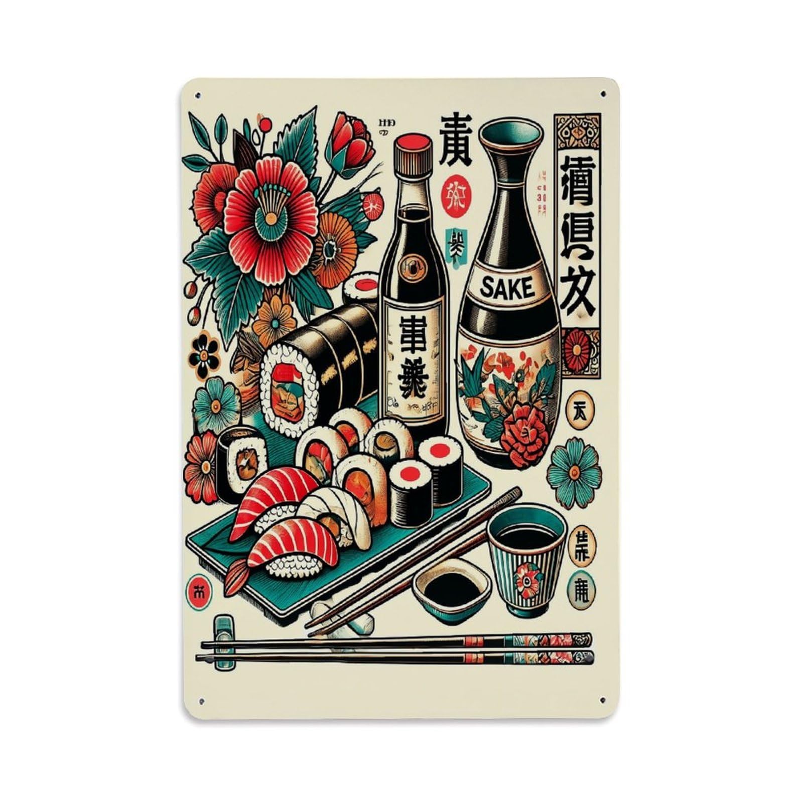 Jdyaojiesheng Vintage Japanese Sushi And Sake Art Tin Sign Retro Metal Wall Decor Metal Poster, Home Bar Garage Farmhouse Cafe Wall Art Decoration 8X12inches