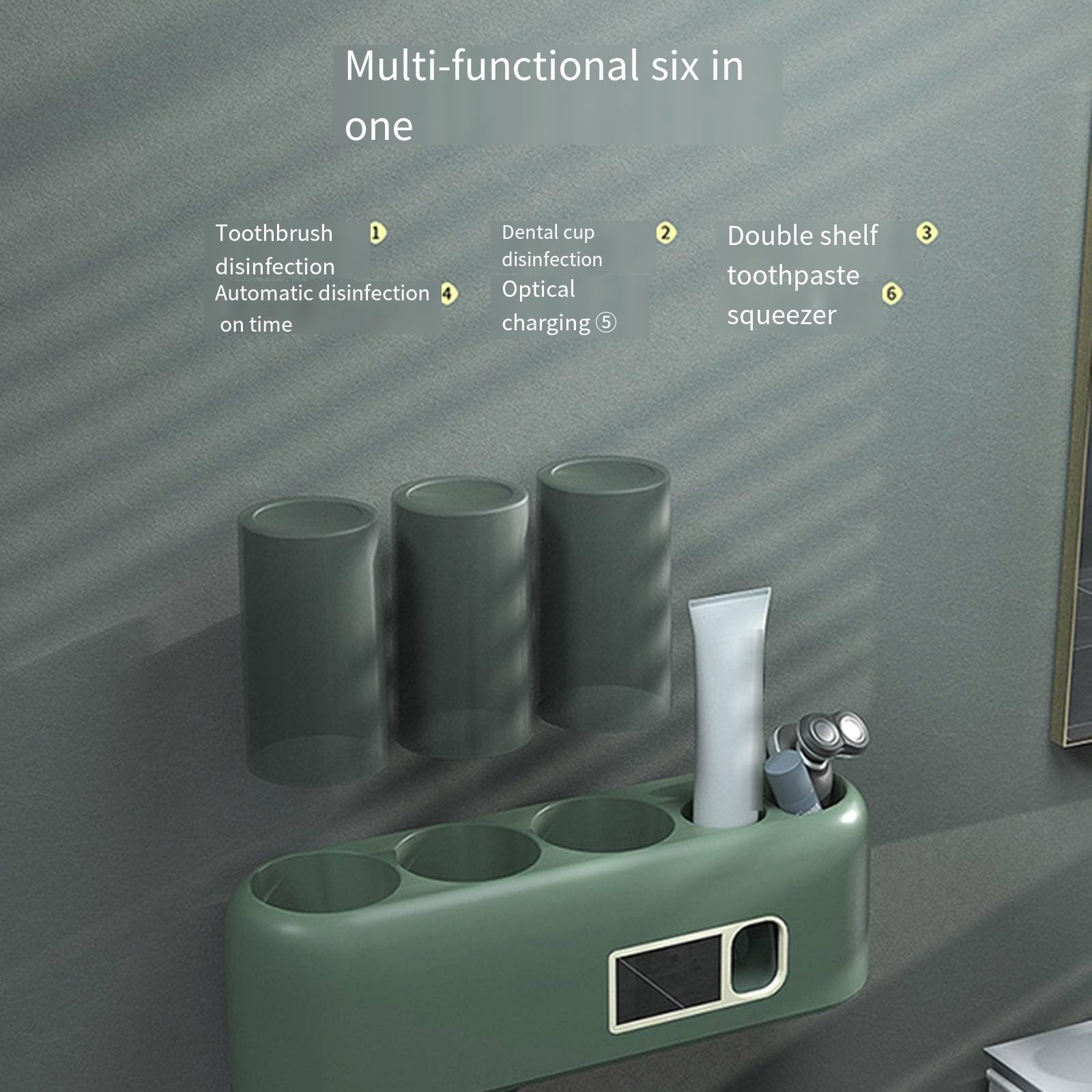 Esterilización por inducción de cepillo de dientes inteligente con soportes de cepillo de dientes de secado para baño estante de almacenamiento sin perforaciones soporte de cepillo de dientes,Green