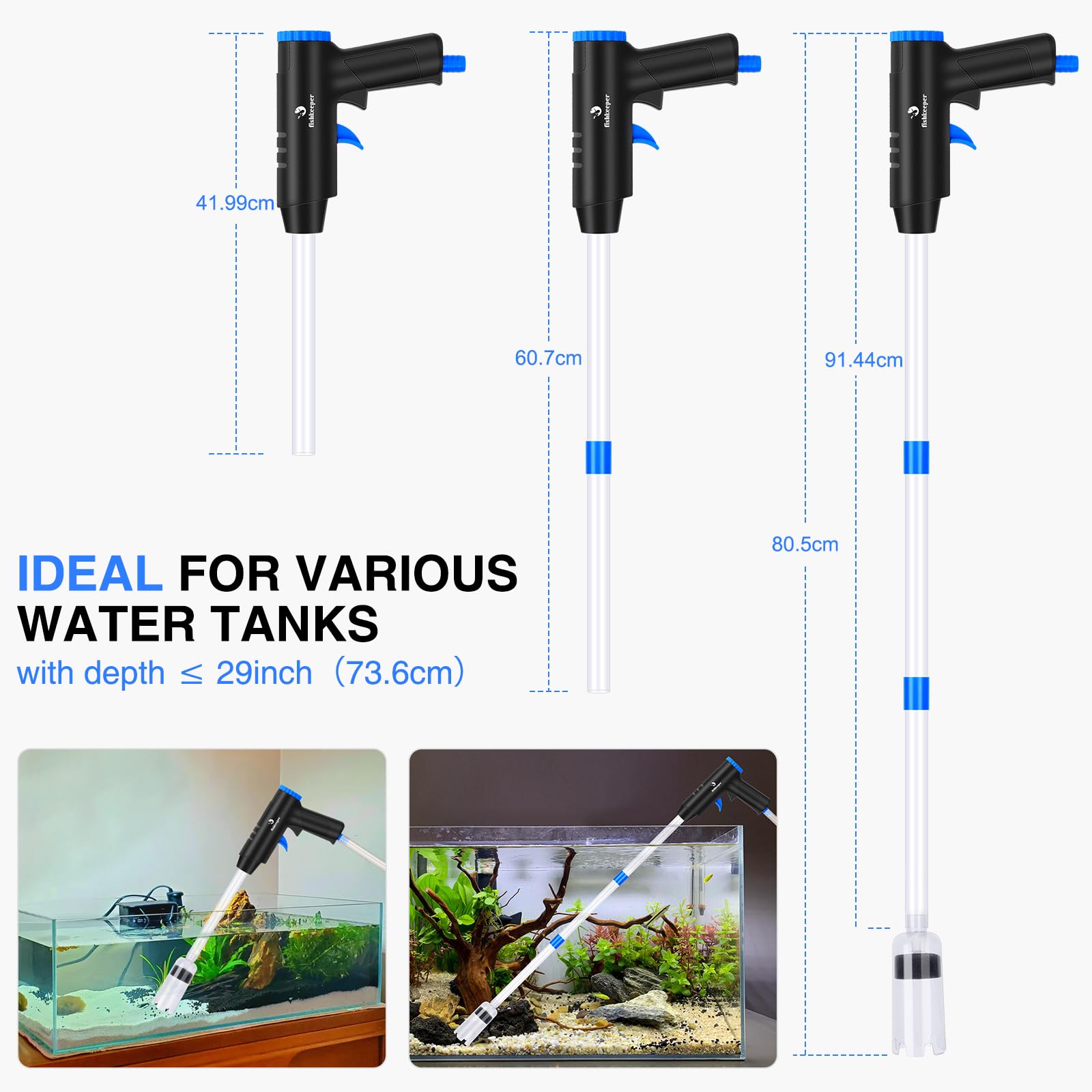 fishkeeper Mulmsauger Aquarium, 4 in 1 Starke Aquarium Sauger Einstellbarer Aquarium Reinigungsset，Herausnehmbarer Bodenreiniger gegen Verstopfung für Wasserwechsel Sandreinigung und Wasserumwälzung