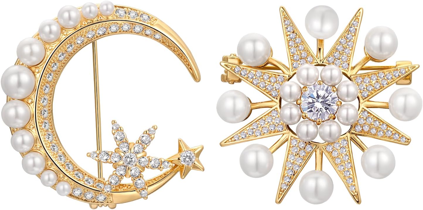 Vintage Pearl Brooch Pin Moon and Star Crystal Rhinestone Brooch 8-Pointed Star Lapel Pin Baroque Pearl Gold pins and brooches jewelry, SHE'S FREE STYLE JUST FOR YOU Metal Plating Process Safety pins - Image 5