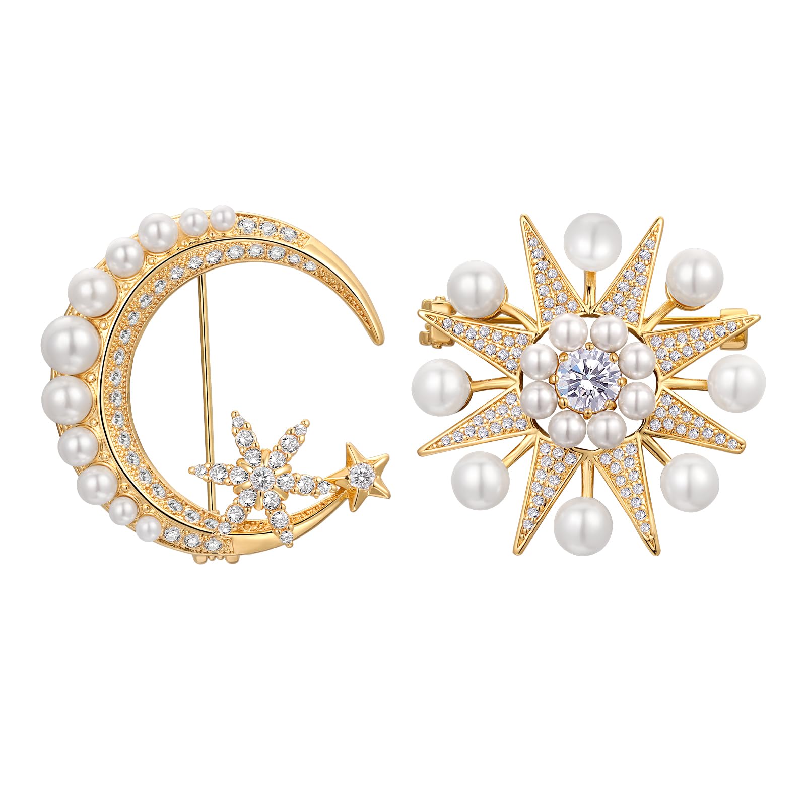Vintage Perlen-Brosche mit Mond und Stern, Kristall-Strass-Brosche, 8-zackiger Stern, Anstecknadel, Barockperle, Goldstifte und Broschen, Schmuck, SHE'S FREE STYLE JUST FOR YOU Metallbeschichtung