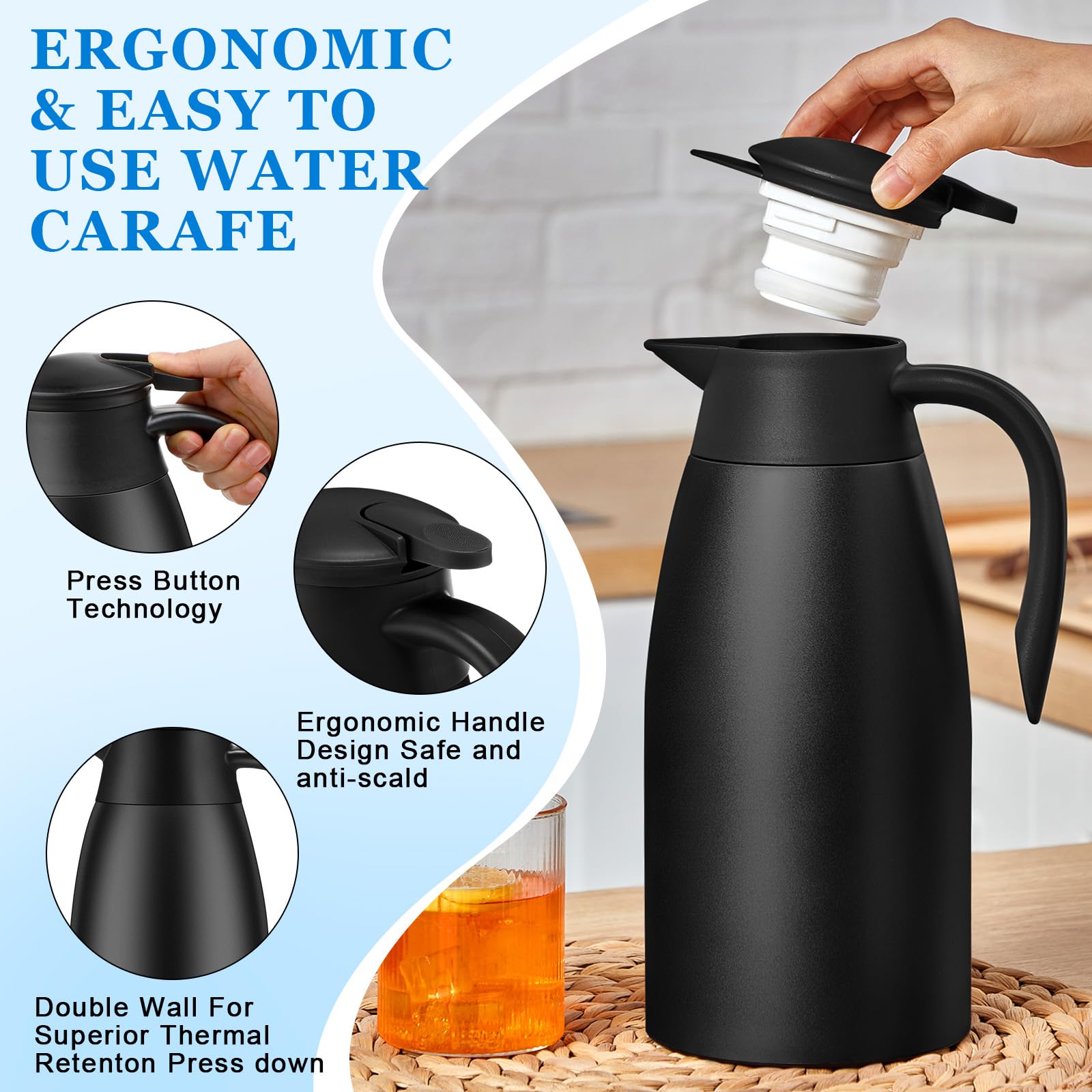 Uiifan 2 jarras térmicas de café de 68 onzas con aislamiento de acero inoxidable, jarra de café térmica de doble pared, jarra de café con cepillos para mantener el té del café durante 12 horas (negro,