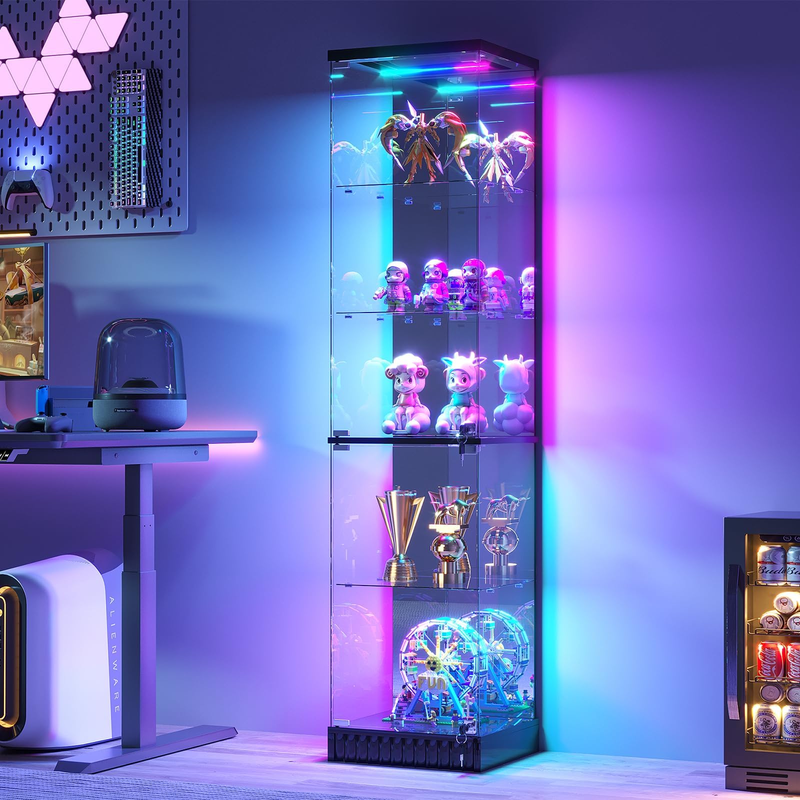 HNEBC Glass Display Cabinet, LED Display Case with RGB Lighting, Lockable Curio Cabinet with Explosion-Proof Glass Doors for Collectibles,6-Tier China Cabint with Motion Sensor Light-Black