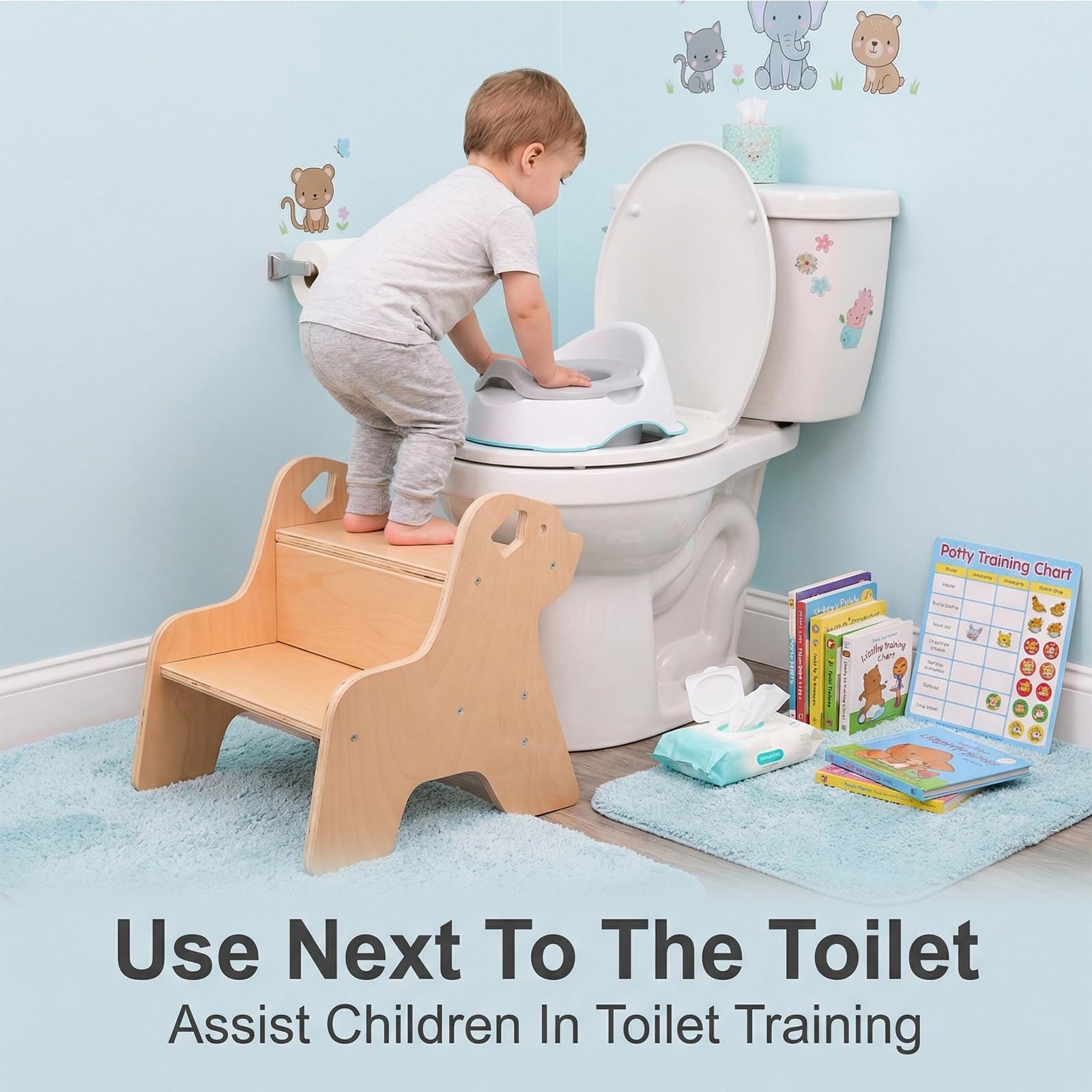 Sgabello a 2 Livelli per Bambini in Legno con Maniglia, Robusto Gradino per Cucina Bagno Cameretta