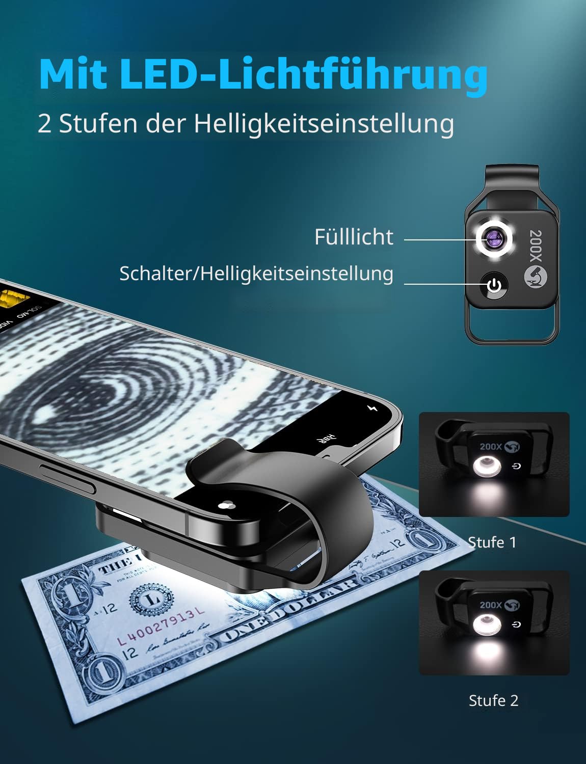 APEXEL 200X Mini-Mikroskop für Smartphone-Kamera, Taschengröße, Schwarz