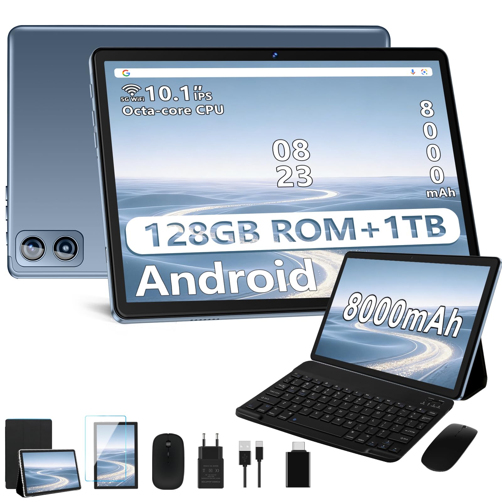 Dghrti Tablet Android, 22GB RAM+ 128GB ROM (Expandable 1TB TF), 8000mAh, Widevine L1, BT5.0, 8+5MP Tableta with Mouse - Gray