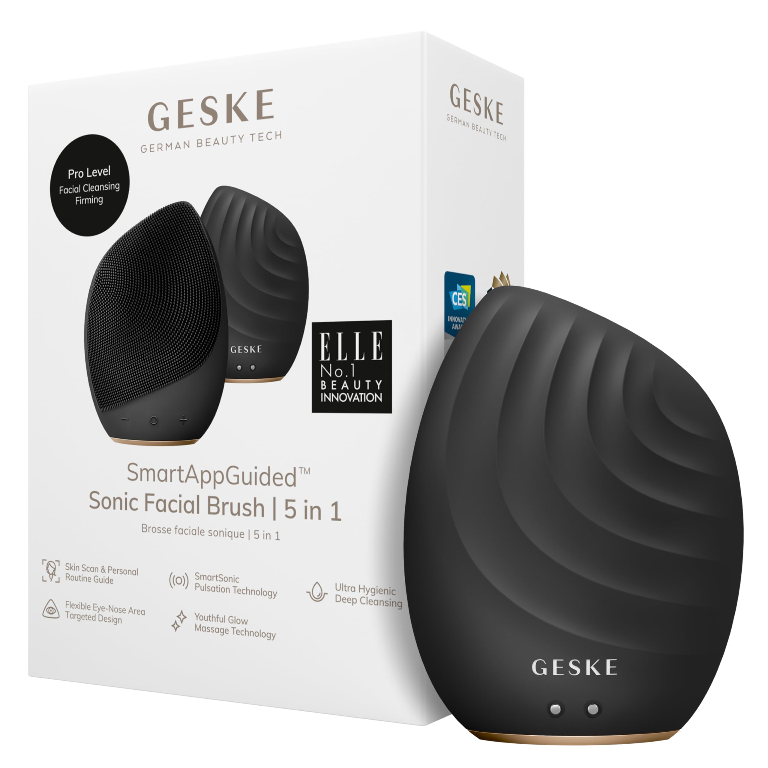 GESKE | Cepillo facial SmartAppGuided™ 5 en 1 | Cepillo de limpieza facial eléctrico | Cepillo de silicona suave | Limpieza facial profesional | Dispositivo de limpieza facial | masajeador facial
