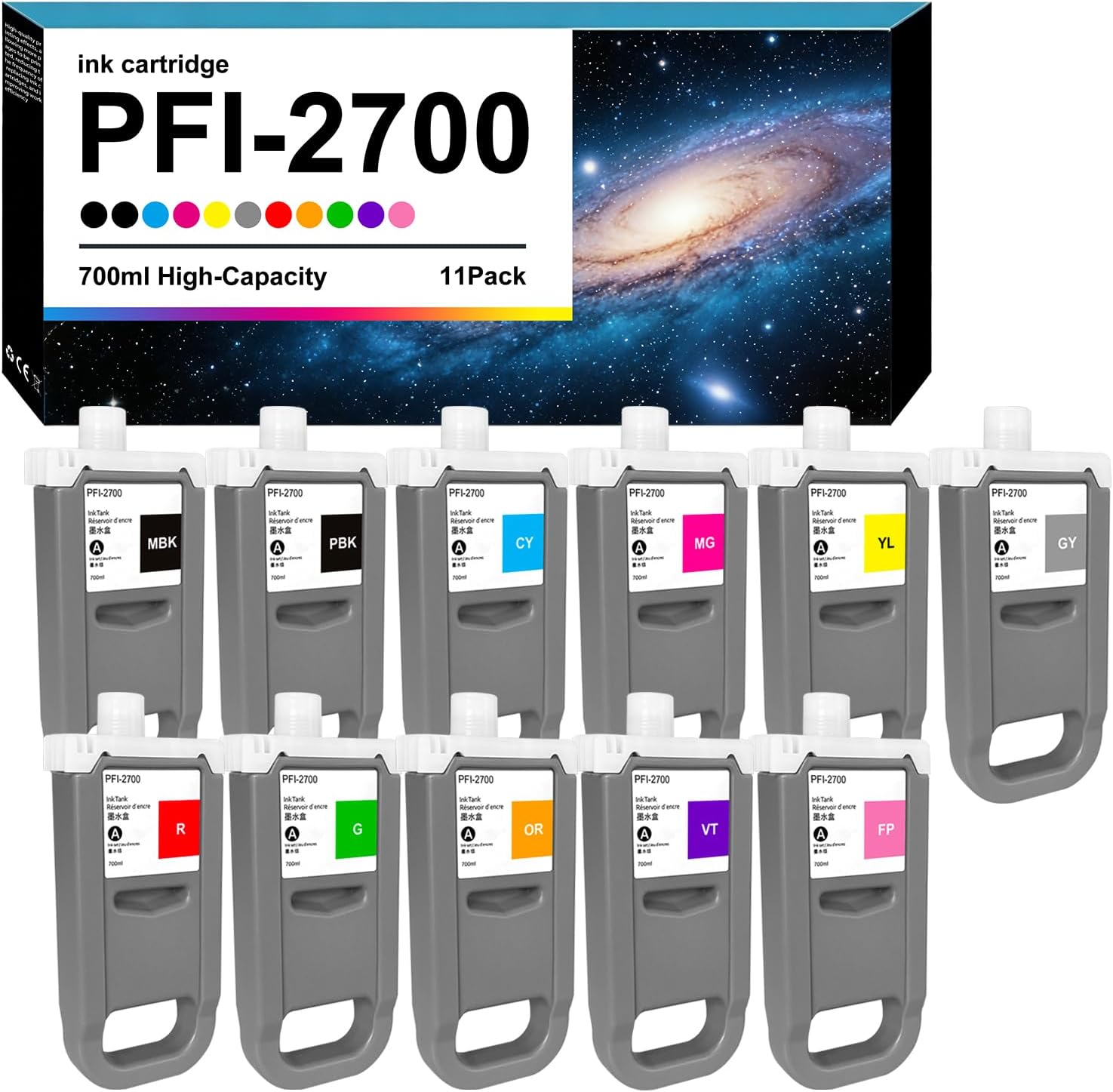 PFI-2700 Ink Cartridge Replacement for Canon PFI2700 Ink Tank Compatible with imagePROGRAF GP-2000 GP-4000 GP-4600S GP-6600S Printer(11Color MBK PBK CY MG YL GY R OR G VT FP)
