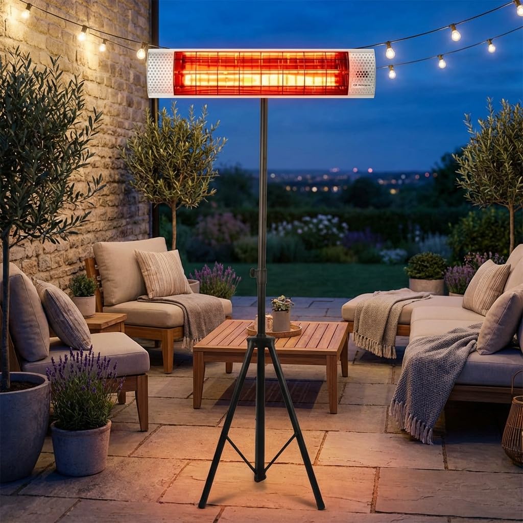 Suinga Pack Estufa de Terraza Infrarojos 2000W, Radiador Eléctrico Interior-Exterior + Tripode Ajustable hasta 210 cm
