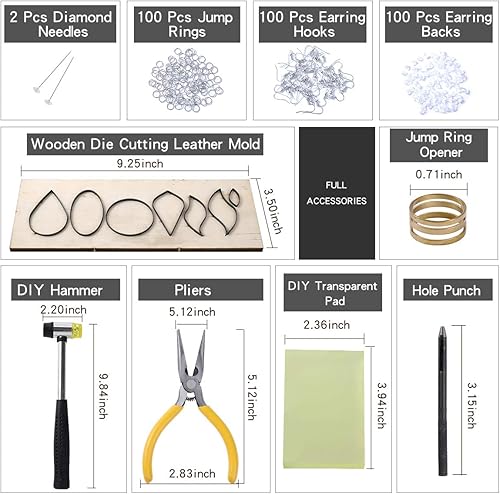 Miniatura 5 de LITCHI Kit de fabricación de aretes de piel sintética para adultos, incluye troquel de corte de madera, parte trasera de aretes y ganchos, anillos
