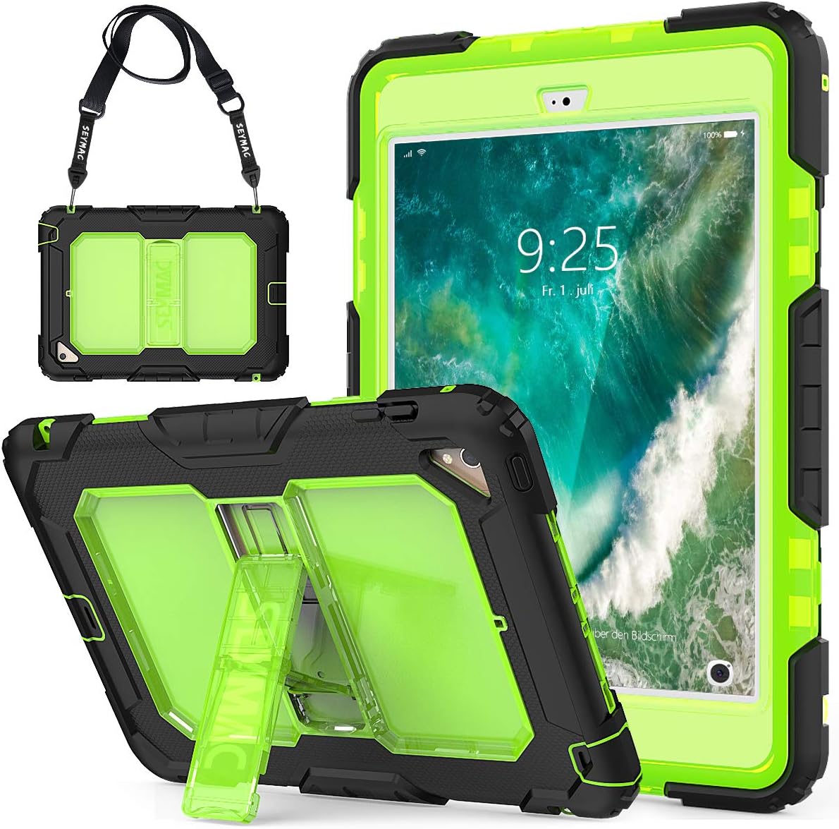 iPad Mini 4th/5th Generation Case Kids, SEYMAC Full Body Rugged Shockproof Drop Protection Bumper Hard Case with Strap & Stand for iPad Mini 4/5 [a1538, a1550, a2133, a2124, a2126, a2125](Green/Black)