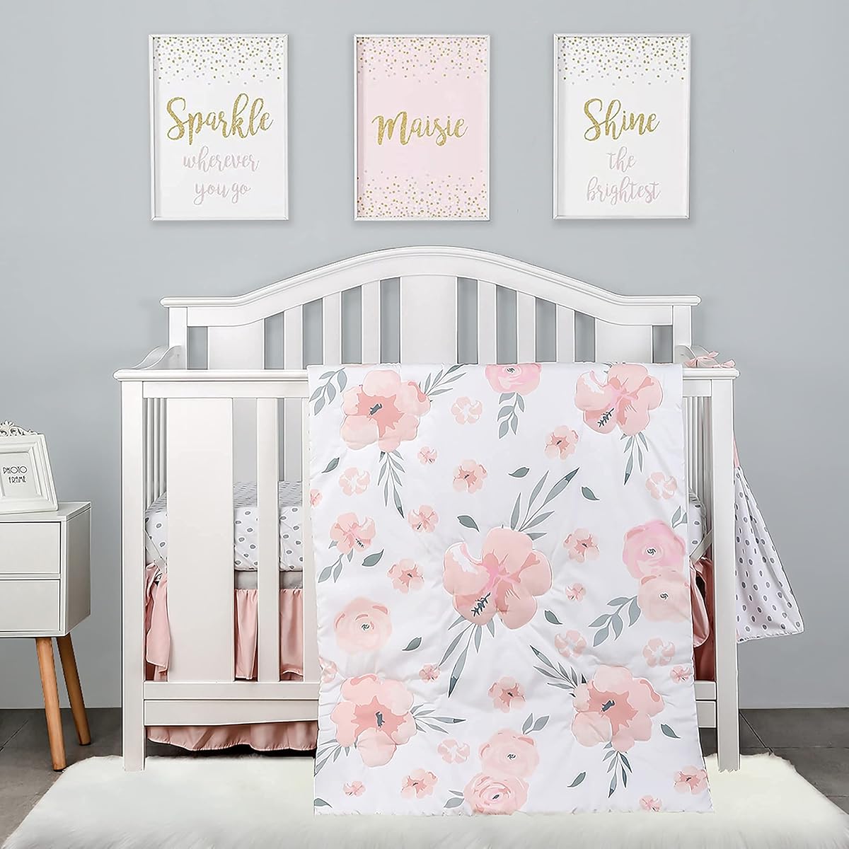 Juego de ropa de cama para cuna de 4 piezas para niños y niñas, incluye falda de cuna, manta, sábana para cuna y bolsa para pañales, juego de cama para cuna para niña, Floral