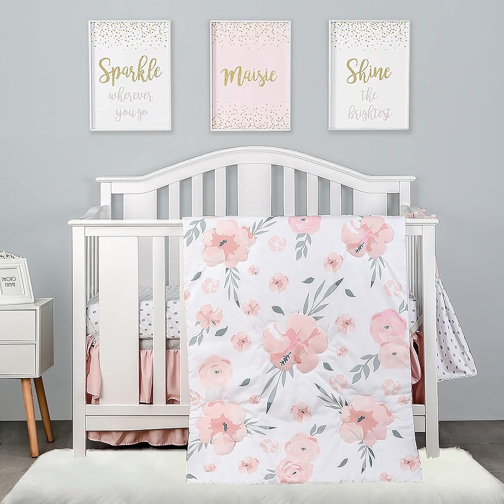 PINNKKU 4-Piece Crib Bedding Set for Boy Girls, Includes Crib Skirt, Blanket, Crib Sheet & Diaper Bag, Baby Girl Crib Bedding Set, Floral