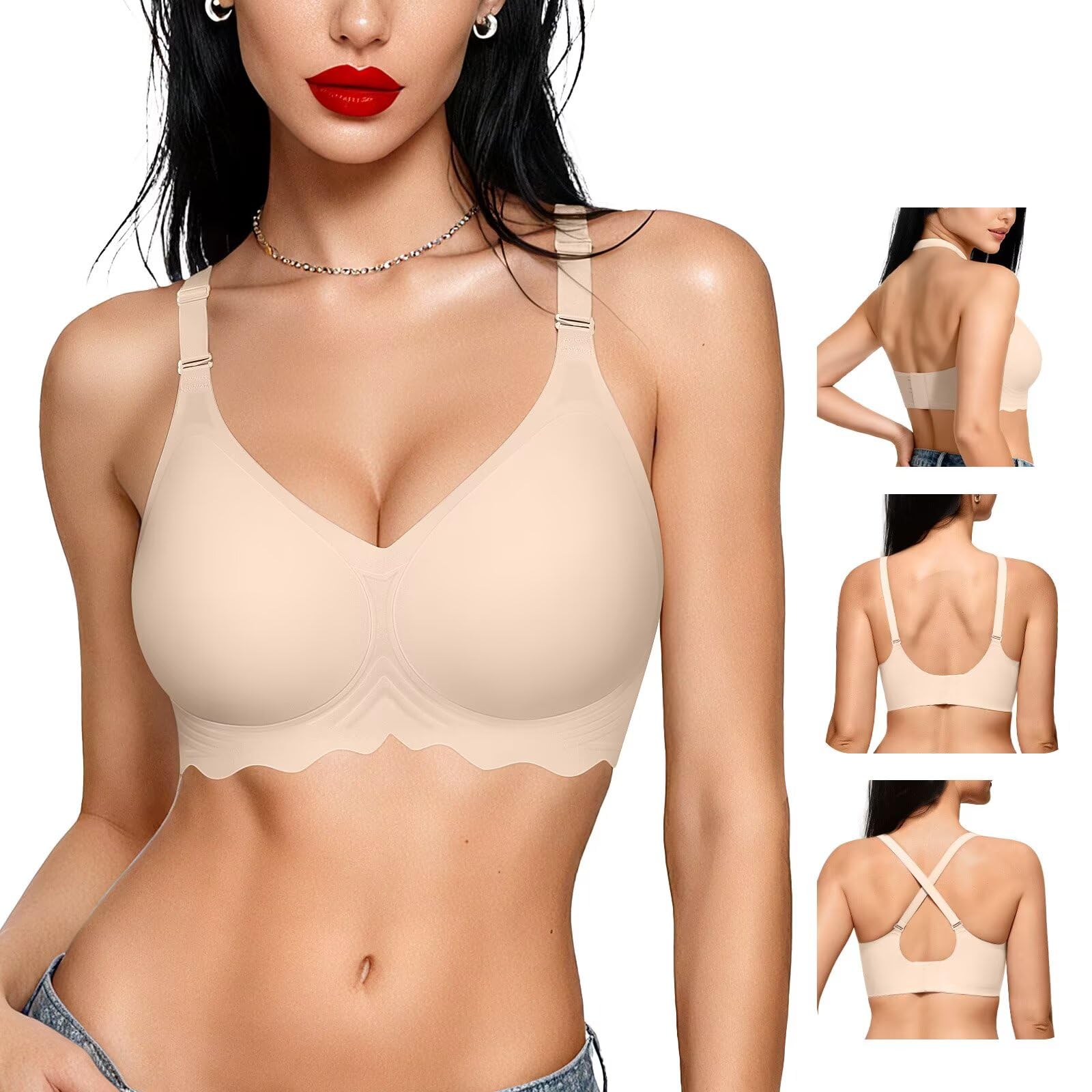 Vertvie Bras for Women Non Wired Seamless Wireless Push Up Bra V Neck Padded Comfort Bralettes Soft Support Full Coverage Everyday Bra