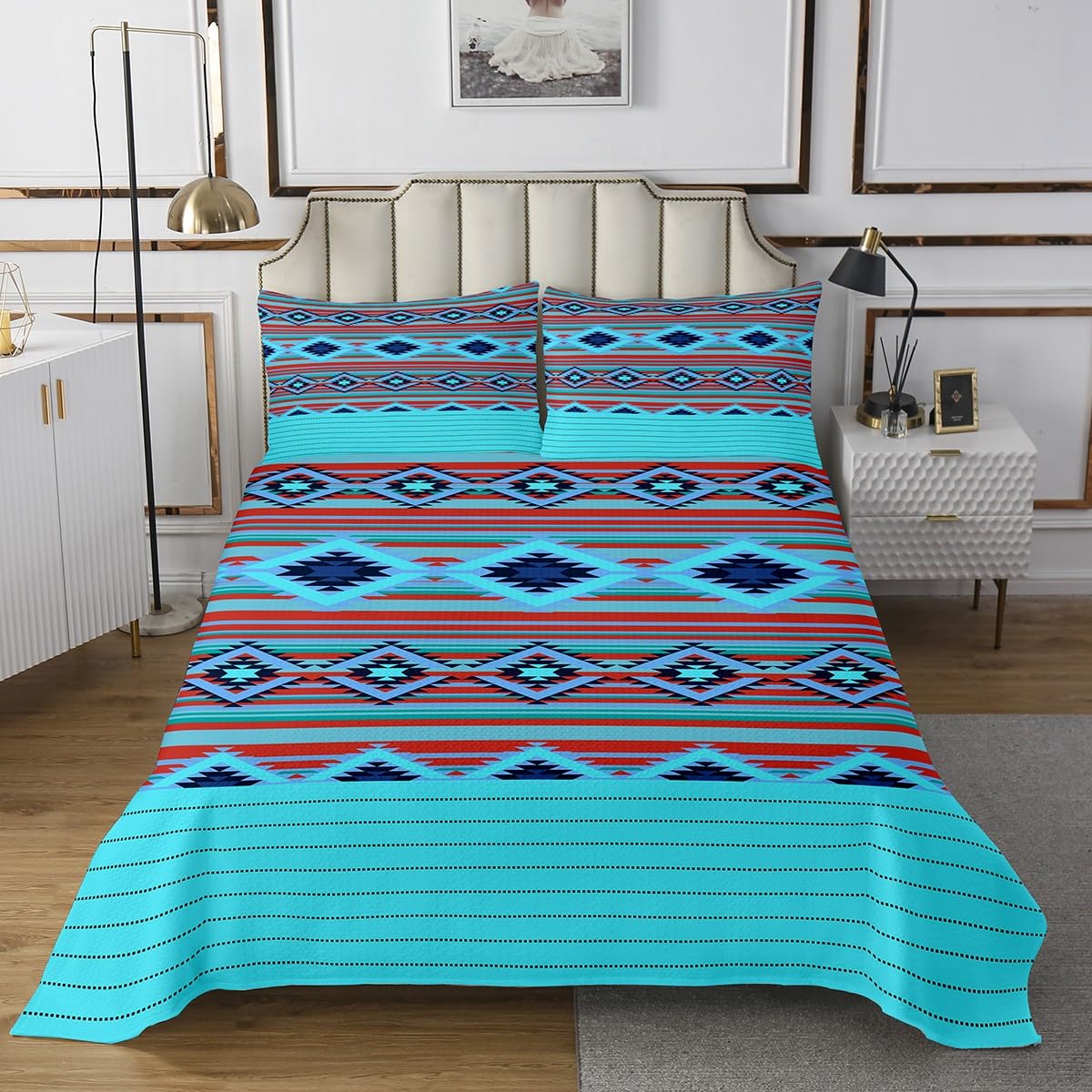Loussiesd Southwestern zestaw narzut geometryczna pikowana narzuta dla dzieci chłopców dziewcząt wystrój pokoju plemienny pikowana narzuta pojedynczy rdzenny Amerykanin design niebieski pikowany