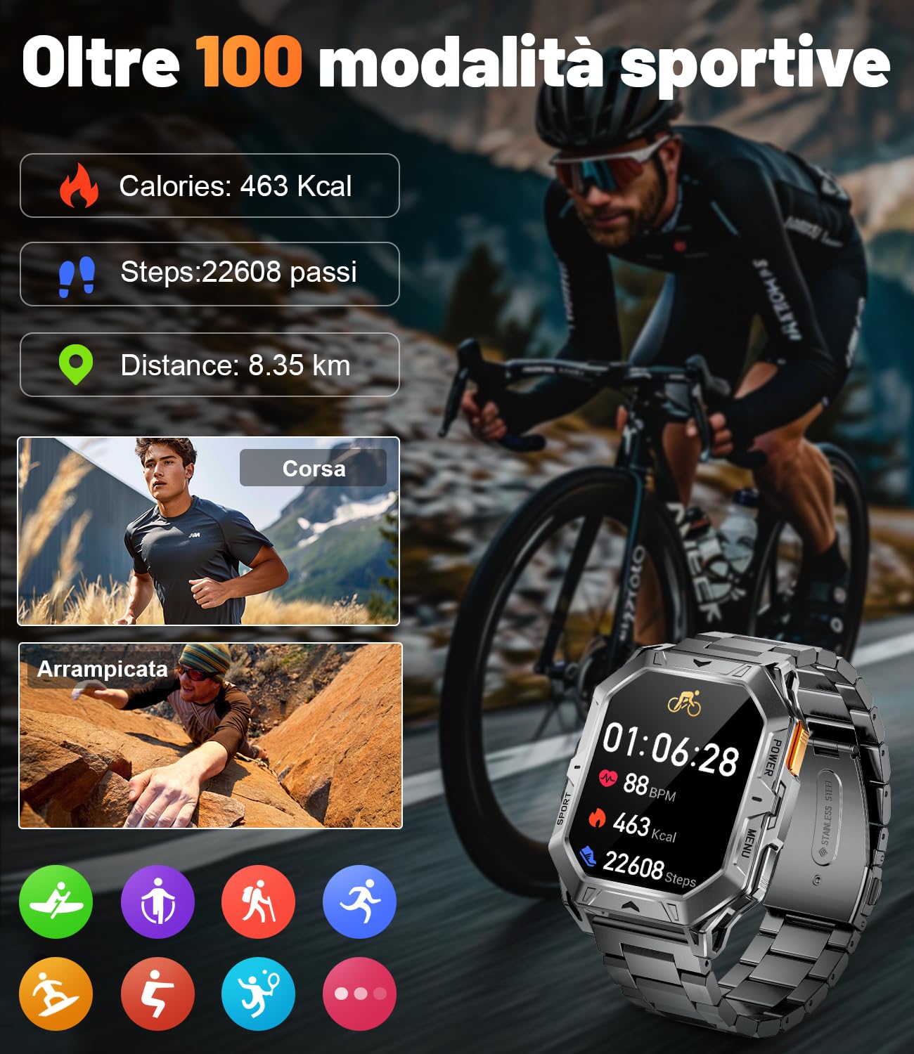 SMARTWATCH UOMO MILITARE, 1000Mah Batteria, Bussola, Altitudine
