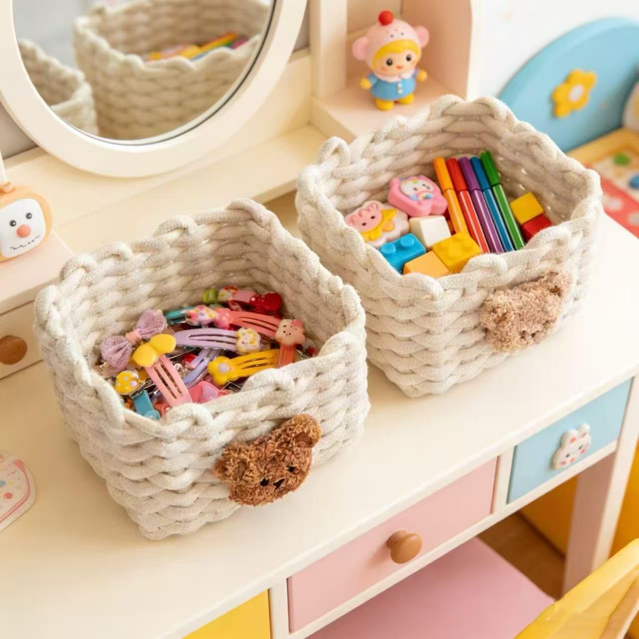 Cute Bear Cotton Rope Storage Baskets 2 Pack - Small Woven Boho Organizer Bins for Nursery, Bathroom, Makeup Desk, 7.5"x5.5"x5.5", White