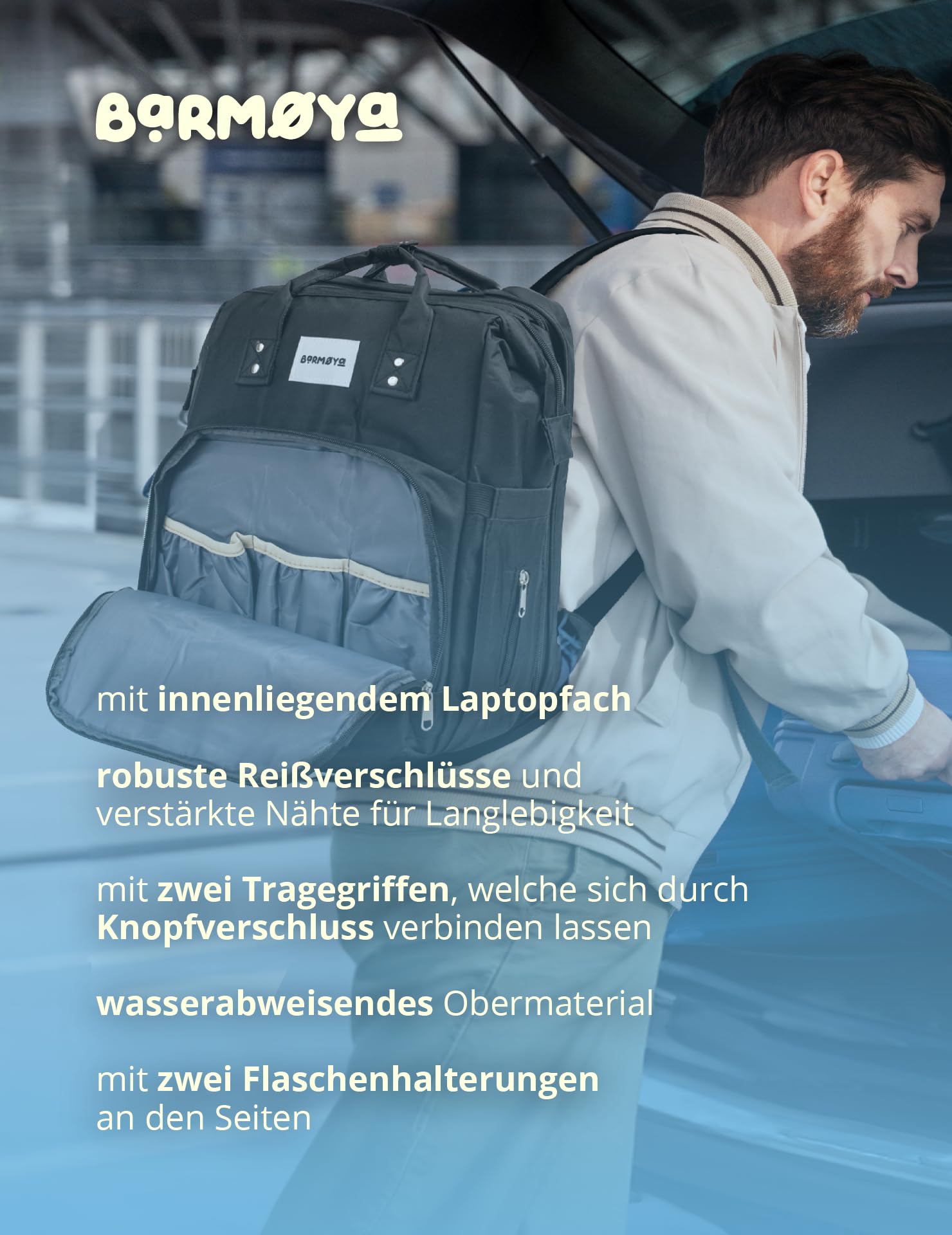 Zaino fasciatoio 2 in 1 con fasciatoio | Zaino impermeabile con portabottiglie isolato, scomparto per laptop e molto spazio | Include barre di stabilizzatore