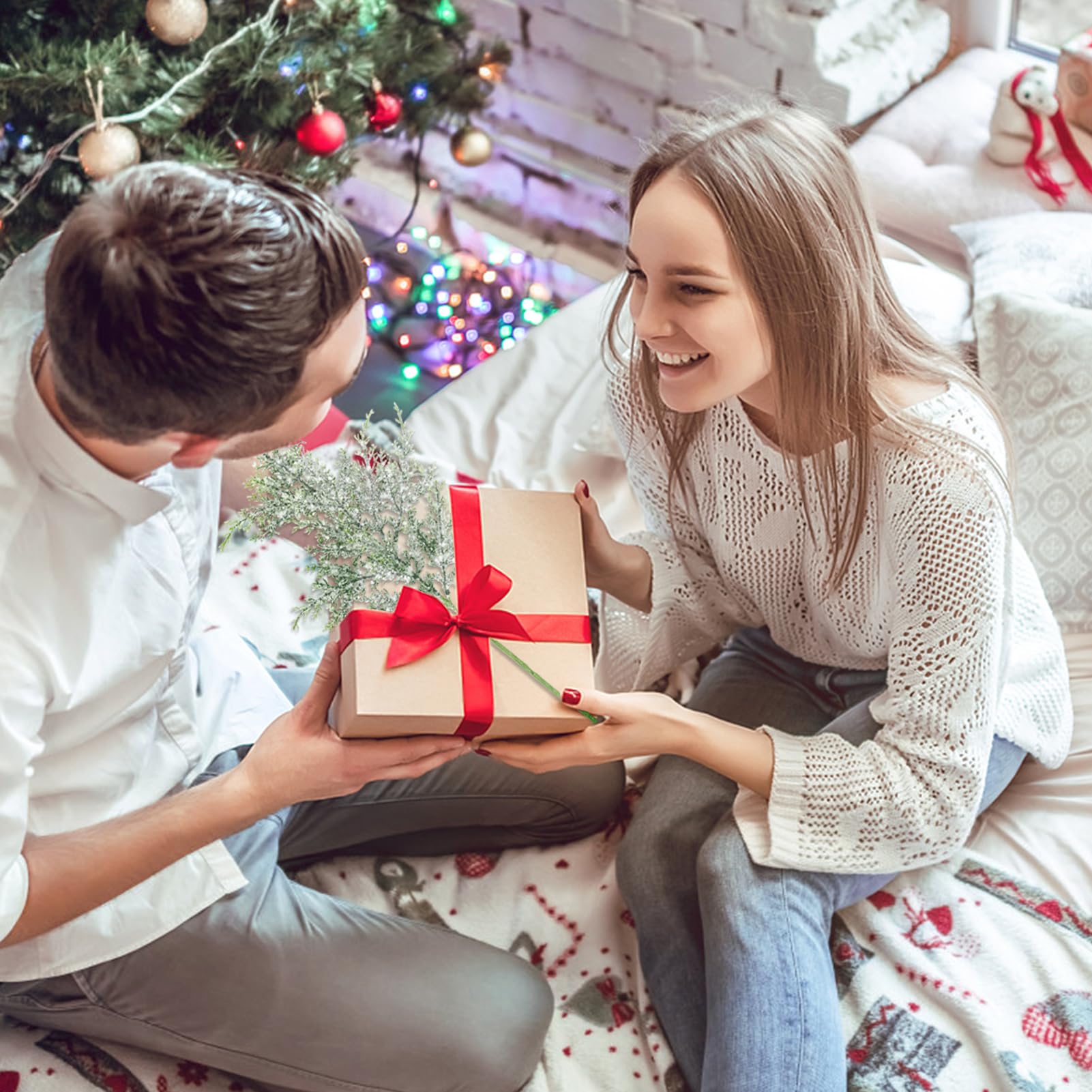 DILIBRA Künstliche schneegefrostete Tannenzweige 51,1 cm, künstliche Tannenzweige und künstliche Tannenzweige, künstliche Weihnachtsstiele für DIY Girlande, Kranz, Handwerk, Heim- und