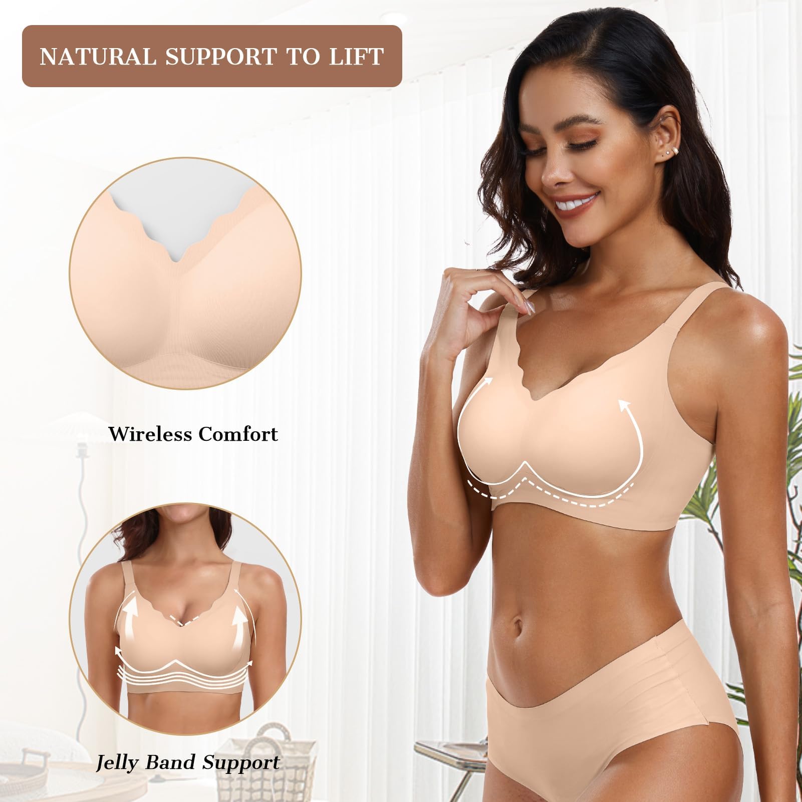OEAK - Sujetador sin aros para mujer, cómodo, sin costuras, suave, cuello en V, festoneado, cobertura completa, para uso diario