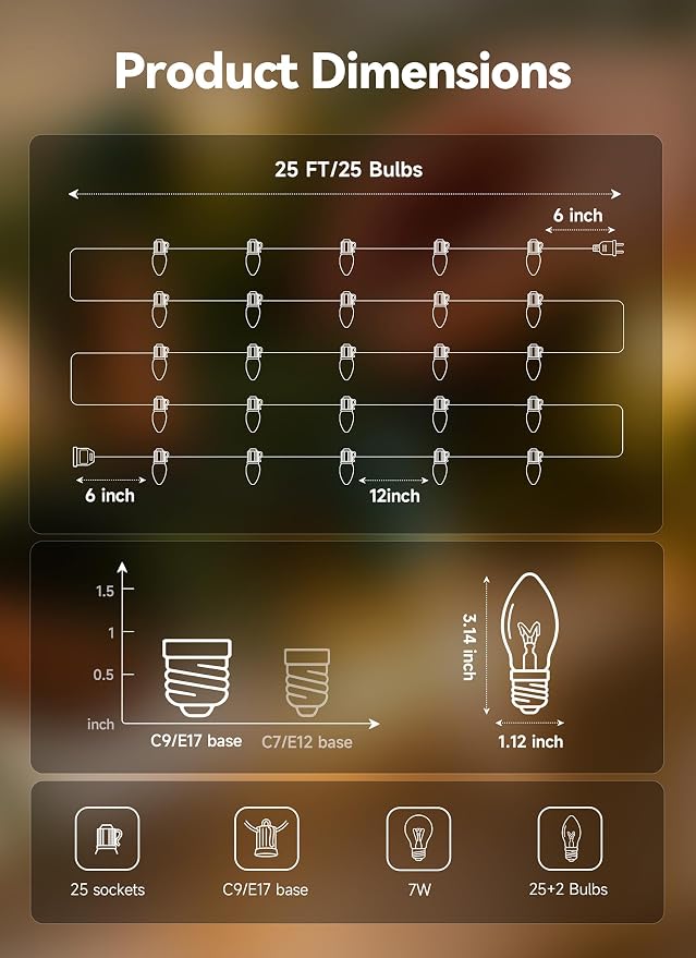 Luces navideñas Minetom C9 claras 25 pies 25 focos miniatura 7