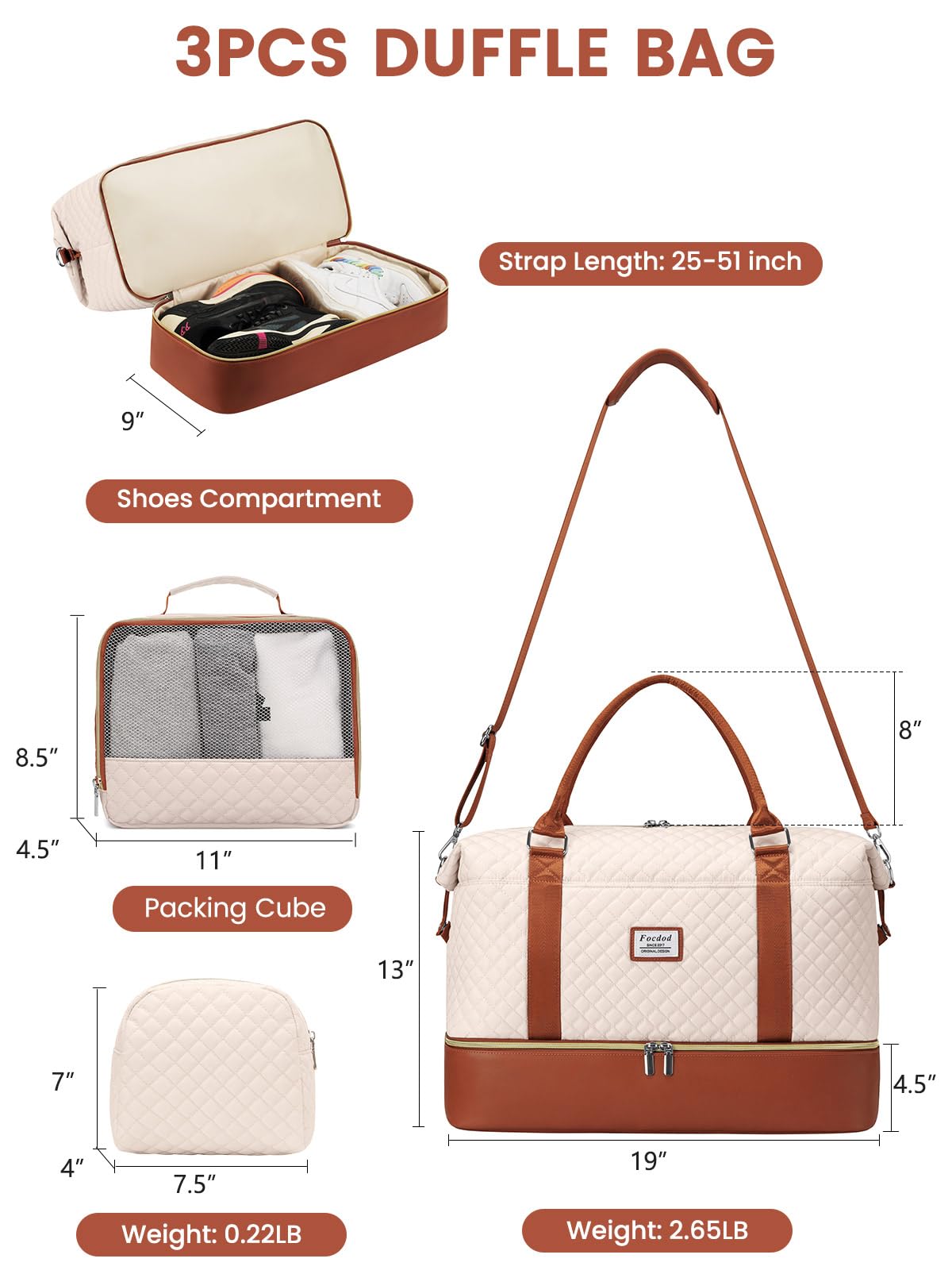 Borsone da viaggio per donna, 2-Beige Marrone-3 pezzi, 19 x 9 x 13 inches, Borse da viaggio