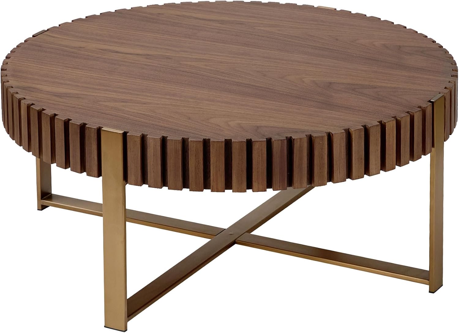 31.5" Modern Round Coffee Table,Sturdy MDF Material Pedestal Base,Fluted Wood Top,Luxury Drum Accent Table for Living Room,Kitchen,Apartment (Walnut,Round+Metal+Ø31.5"x13.78")