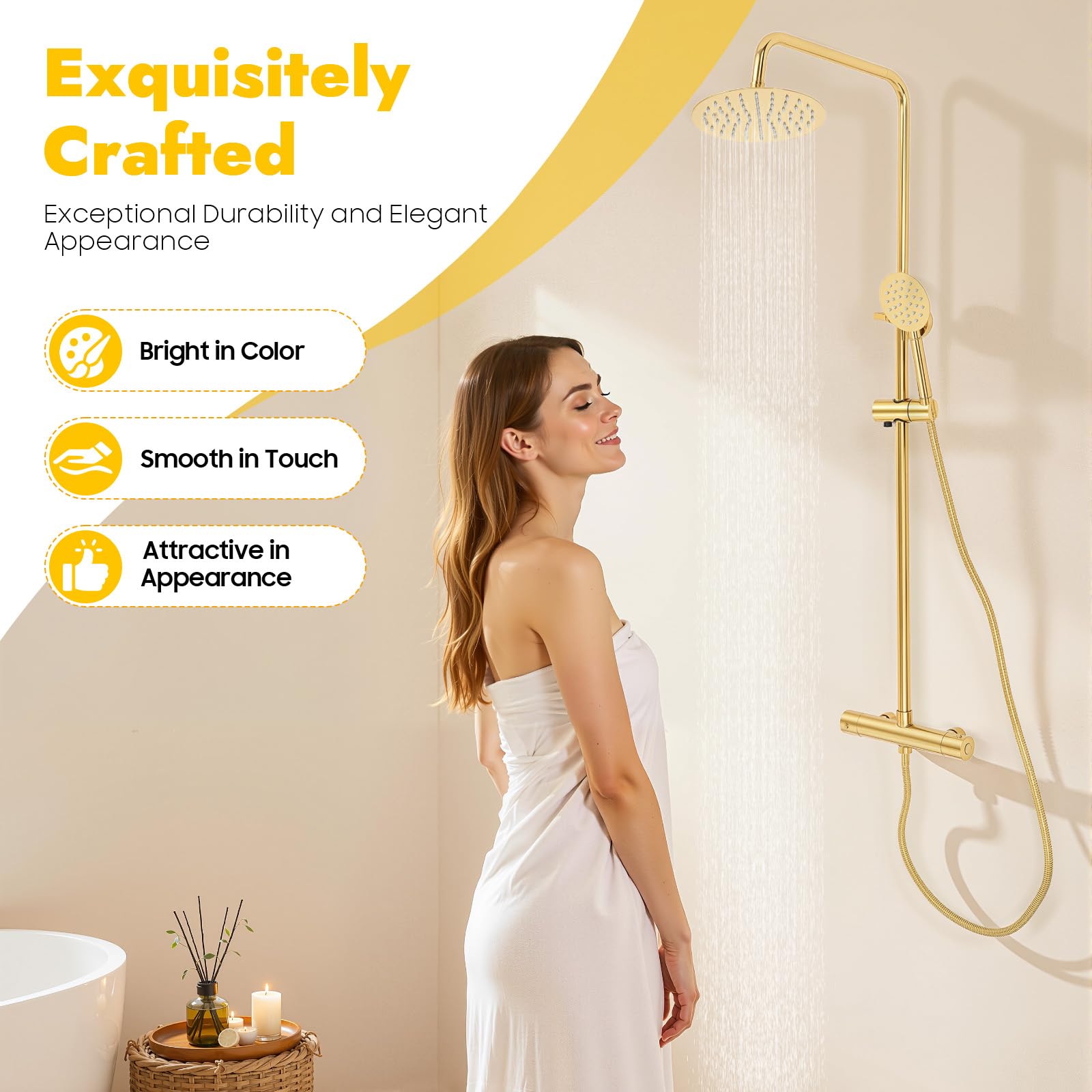 Colonna doccia Termostatica Oro, Doccia A Pioggia A Parete 7,87 Pollici 360° con Doccetta 2 Modalità e Flessibile 1,5 m, Miscelatore A Parete Ottone Inox 304 per Bagno