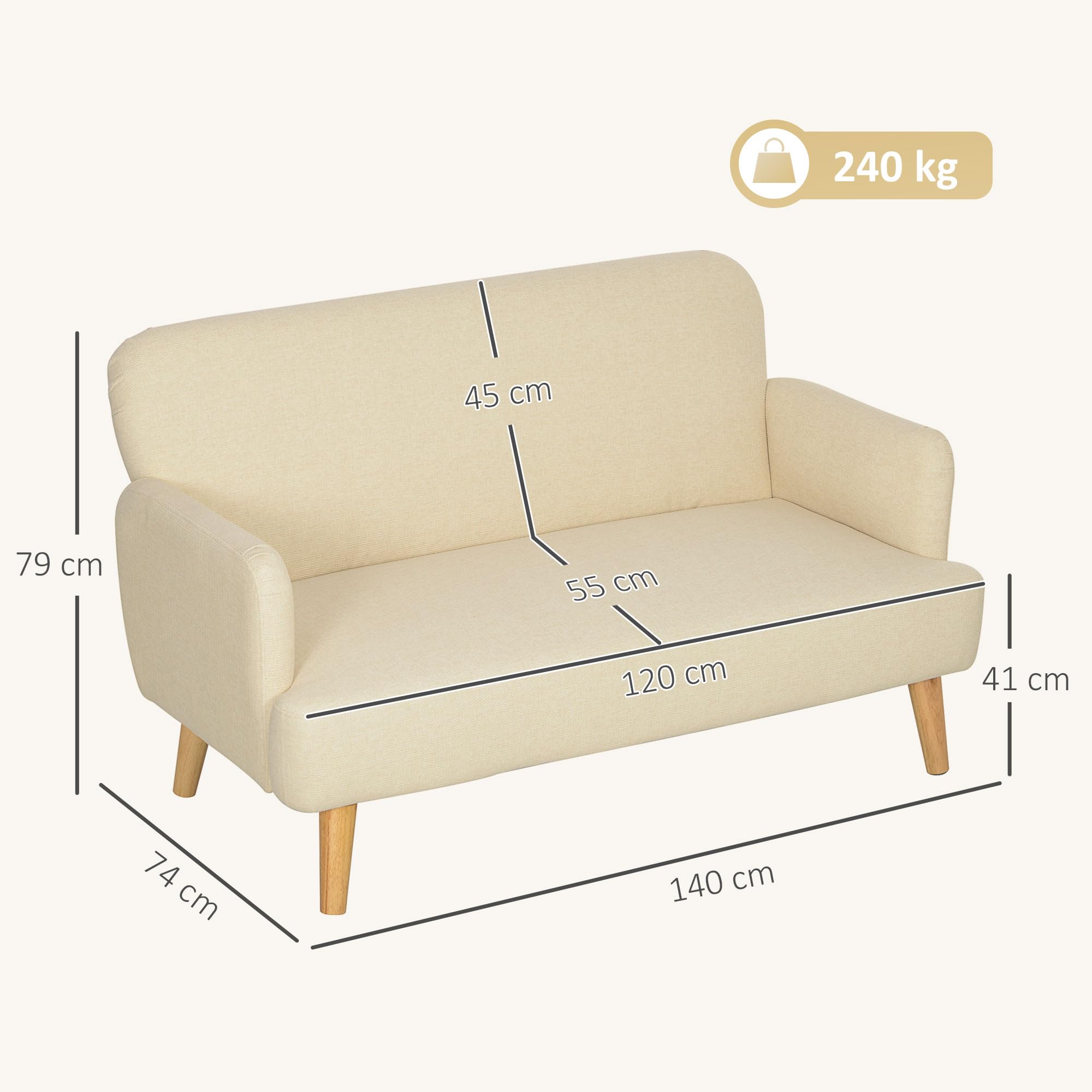 HOMCOM Divano 2 Posti Moderno Scandinavo in Tessuto con Braccioli, Divanetto 2 Posti con Imbottitura di 21 cm Gambe in Legno per Soggiorno, Salotto, Casa e Ufficio, 140x74x79 cm, Bianco Crema