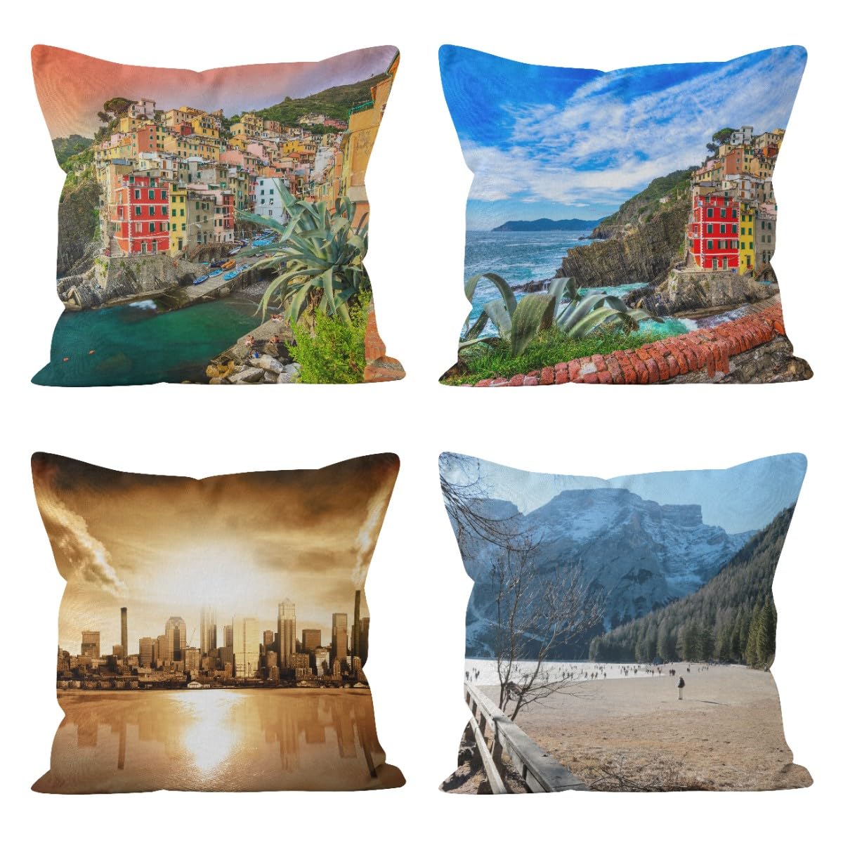 Housse de coussin 50x50cm en lin imprimé paysage de jardin, lot de 4