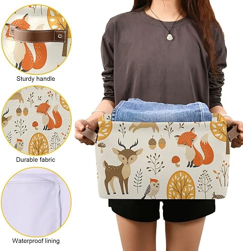 Miniatura 4 de Cesta de almacenamiento grande con diseño de ciervos y zorros de otoño, cesta de almacenamiento de animales del bosque, cesta de juguetes de otoño,