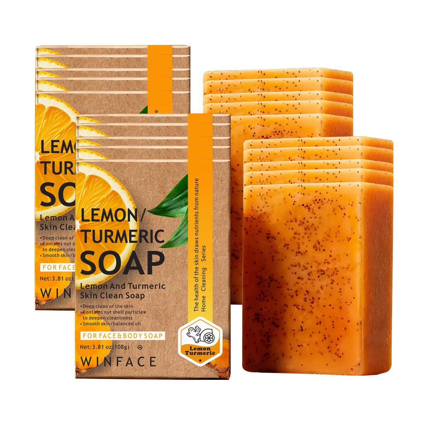 Savon au Curcuma et Acide Kojique – Nettoyant Visage & Corps, Mousse Dense avec Filet Inclus – Soin Botanique Équilibrant – Lot de 10 x 108g