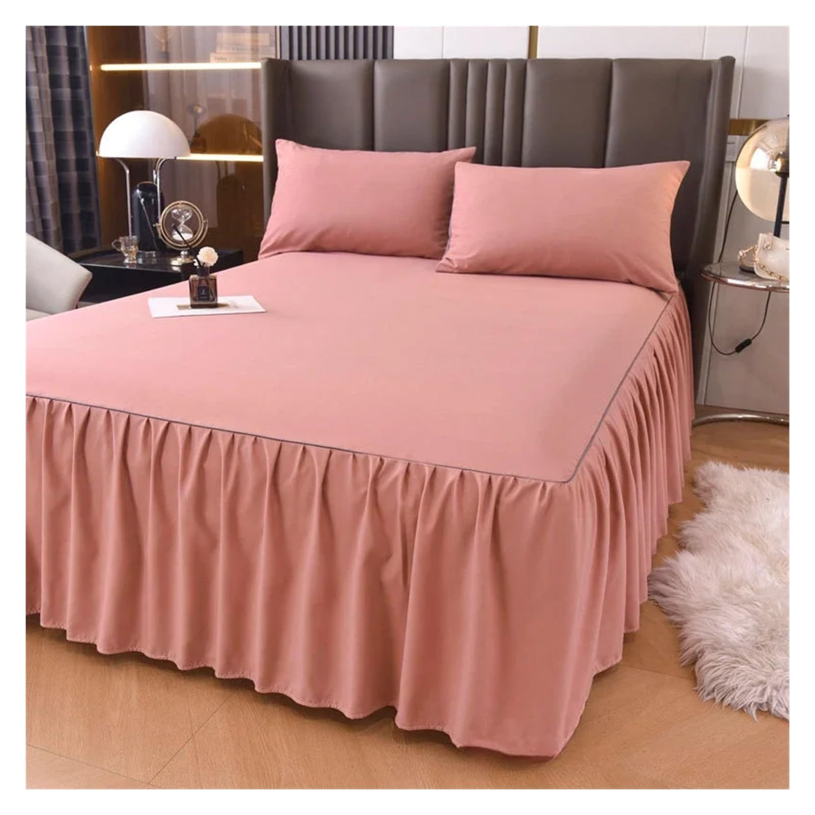Vestiletto Matrimoniale Gonna da Letto Tinta Unita da 1 Pezzo con Pizzo Tutto Intorno Copriletto for Tutte Le Stagioni con Volant Vestiletto Balze Elasticizzate(Dark Pink,1PC 180x200cm Skirt)