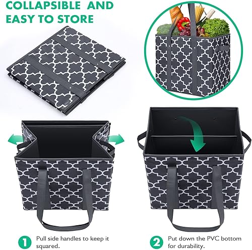 Miniatura 6 de WISELIFE - Paquete de 6 bolsas de compras lavables, plegables y reutilizables, canastas de almacenamiento grandes y resistentes al agua, color gris