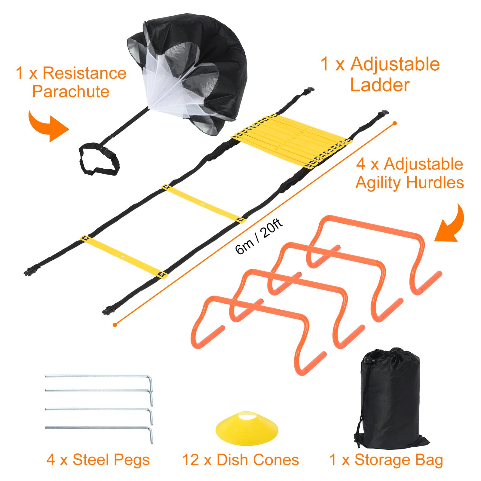 PATIKIL Agilidad Escalera Velocidad Entrenamiento Equipo Incluye 20 pies Agilidad Escalera, 12 Fútbol Conos, Resistencia Paracaídas, 4 Obstáculos Ajustables para Fútbol, Amarillo